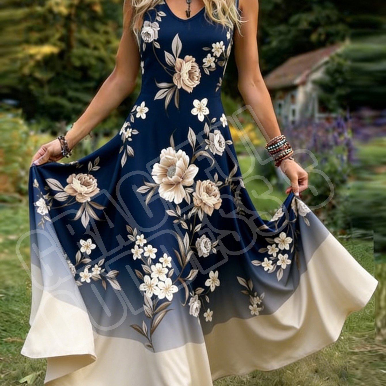 Women's Retro Style Sleeveless Dress With Elegant Floral Print Design, Pastoral V-neck A-line Maxi Skirt. Machine Washable, Perfect For Daily Wear And Vacations
