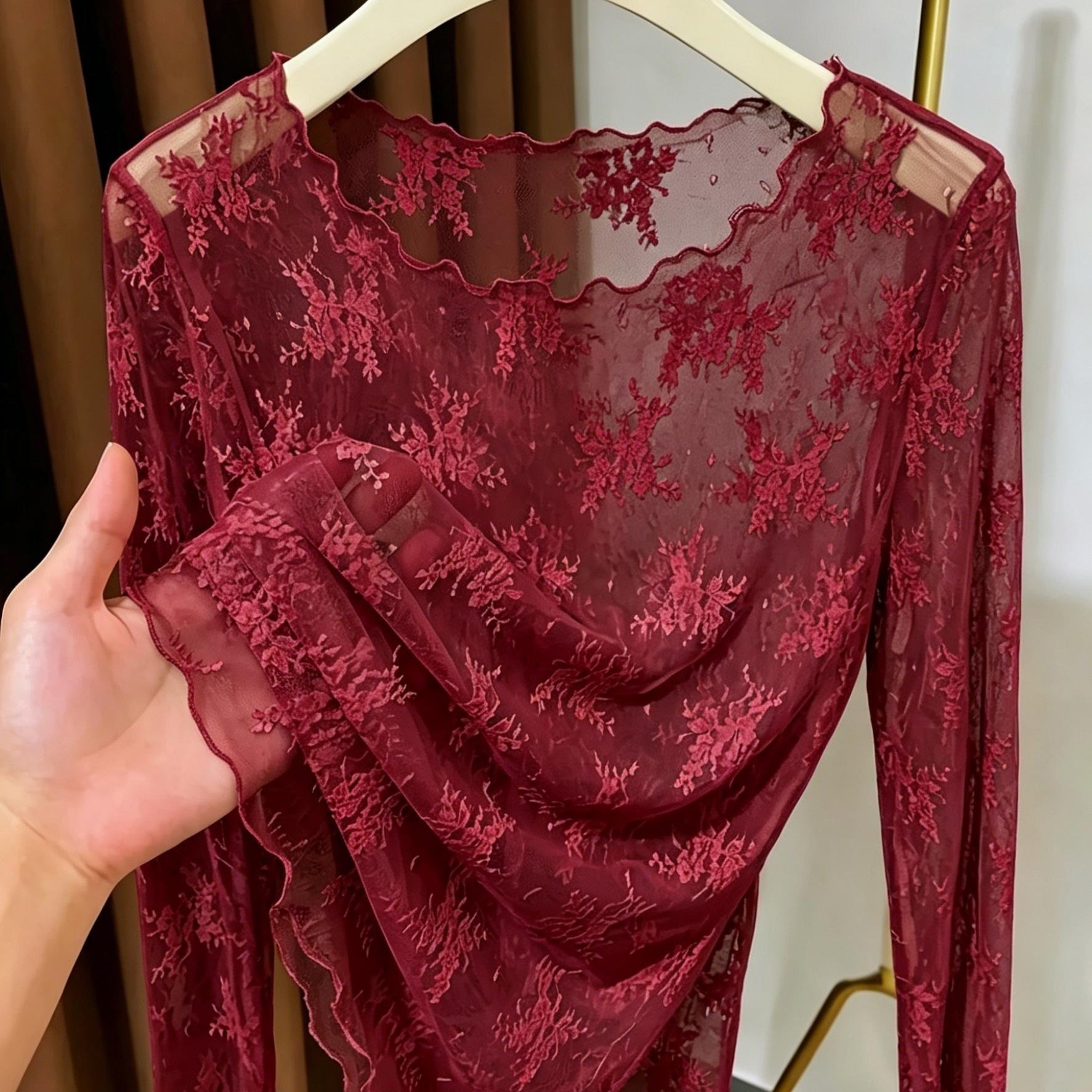 TEMU Nueva camiseta de encaje transparente extragrande de cuello para mujer, blusa de malla transparente de larga