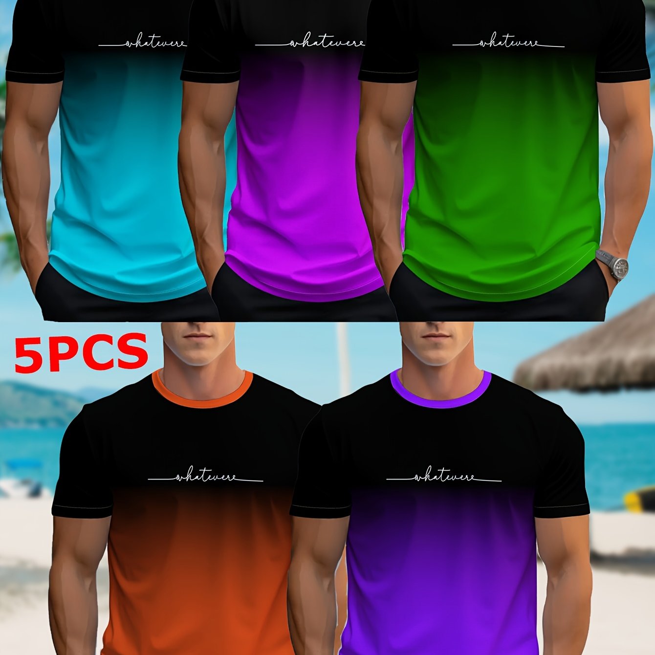 Image of 5pcs Men's Short Sleeve T-shirts With 3d , Daily Gradient Text Pattern, Suitable For All Adult Men And Teen Boys