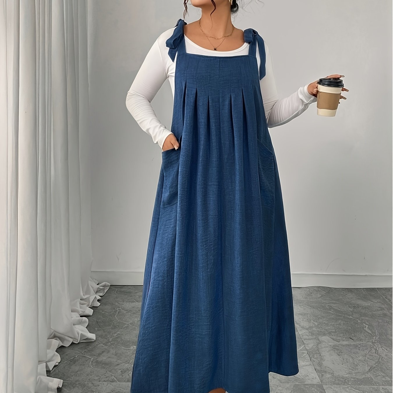TEMU Plus Size, New Plus-size Women's Dress With Dual Pockets And Shoulder Strap, Mid-length