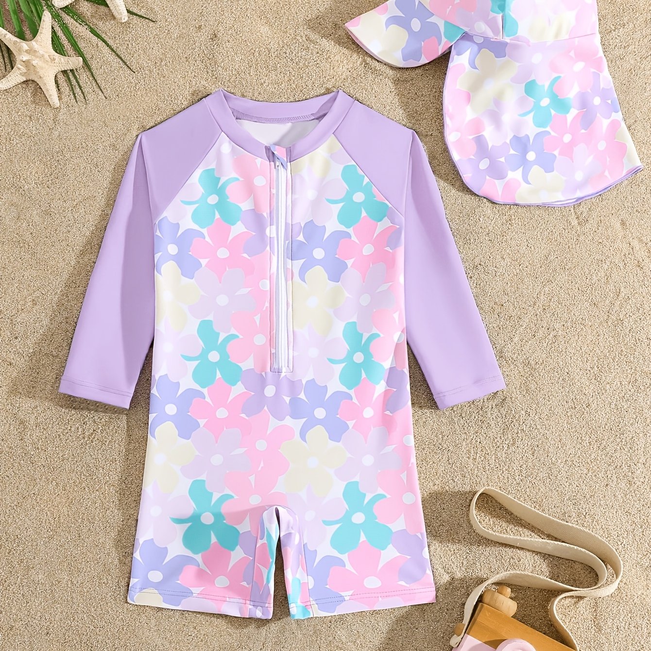 TEMU Girls' Print Swimsuit Zipper Style Easy To Put On And , Boys' And Long-sleeved One-piece + Hat Beach Vacation Swimsuit
