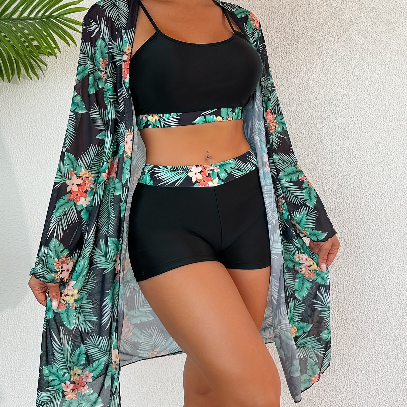 Western Swimwear Separates 3pcs High-waist Long-sleeve Sunscreen Bikini Set