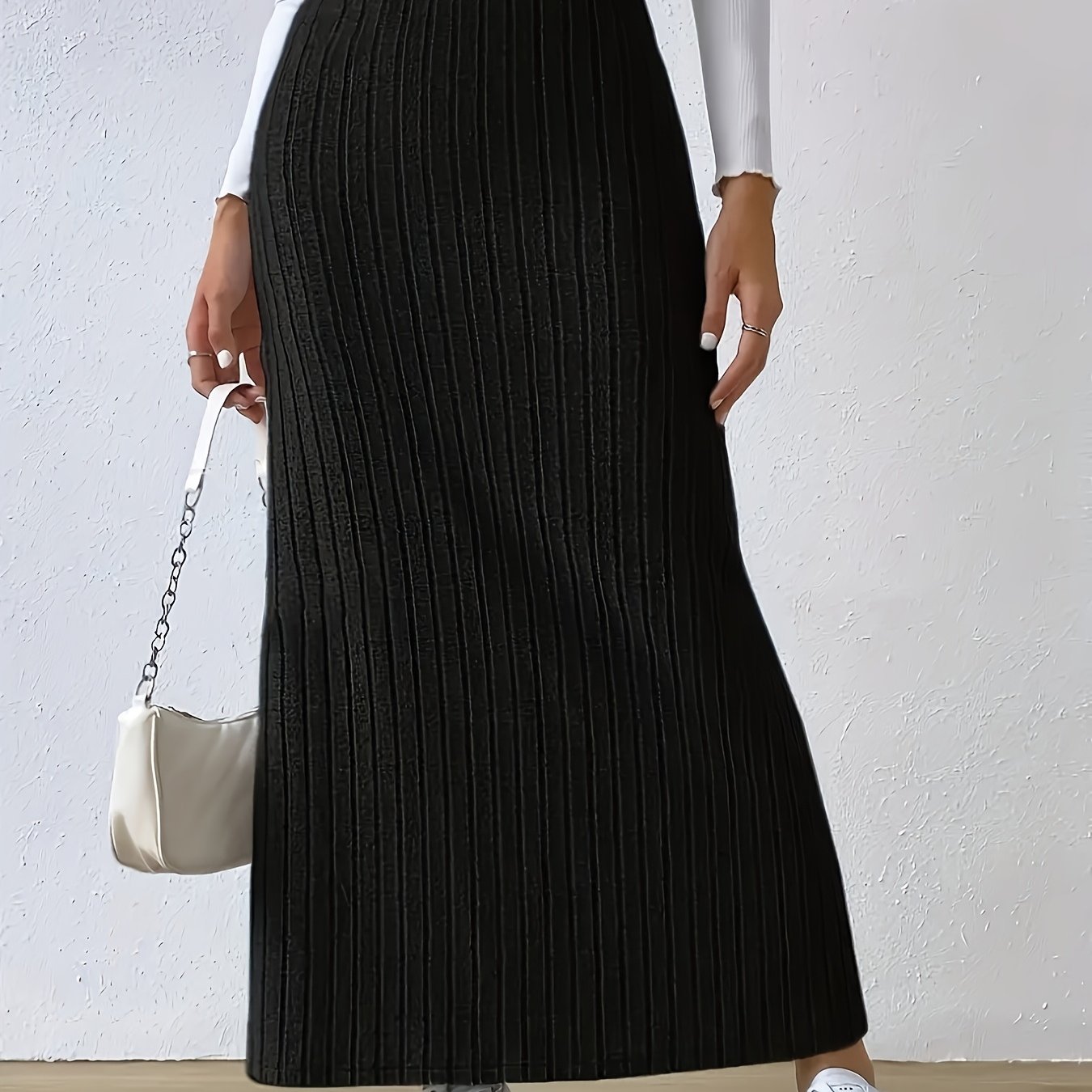 TEMU A Women's Elegant Split Midi Skirt, Elastic Waist, Popular Women's Clothing For Spring And Autumn
