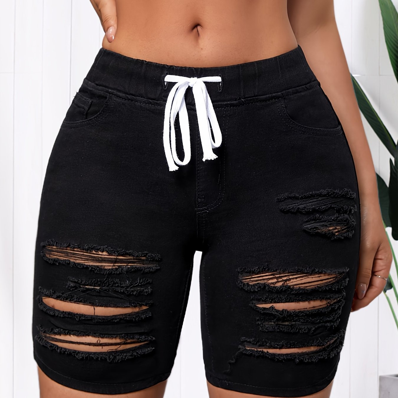 Women's Fashionable High-waisted Black Denim Shorts With Drawstring - Stretchy, Ripped Design, Casual Bermuda Shorts For Spring/summer, Casual Summer Wear|ripped Denim Shorts|elastic Waistband