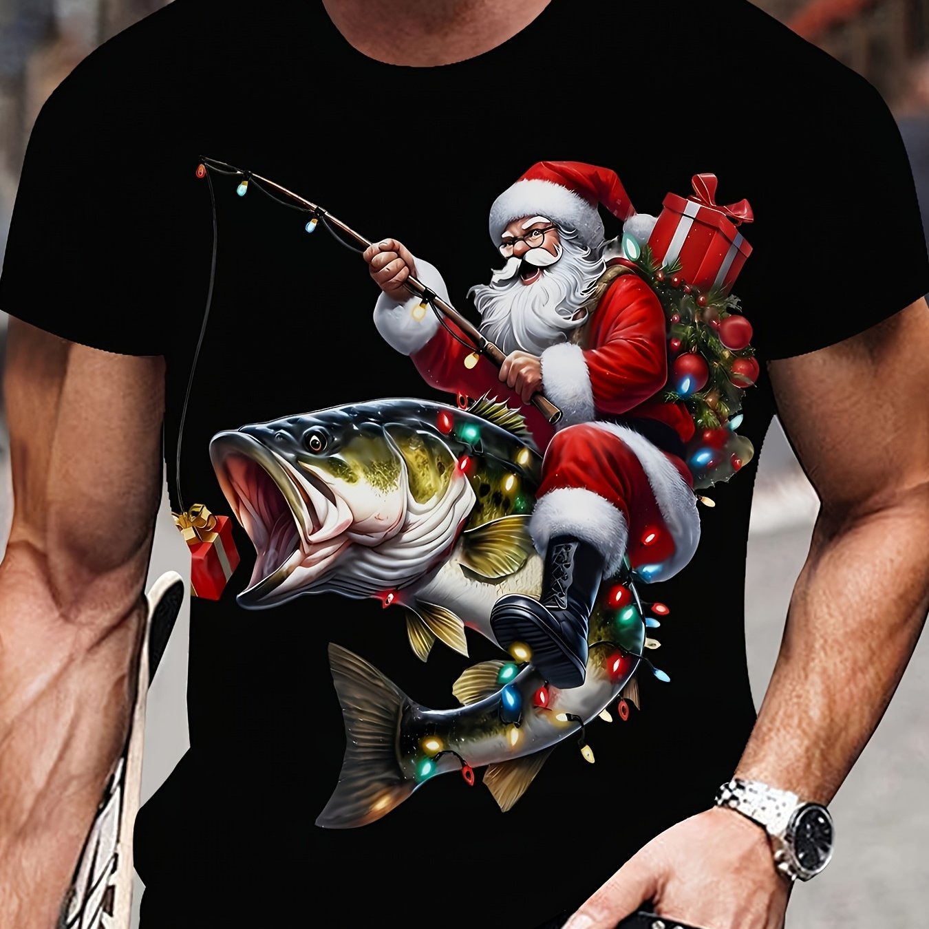 TEMU Produit : T-shirt pour homme, motif de pêche Père Noël amusant imprimé en 3D, décontracté d'été à col rond et manches courtes, tissu, adultes