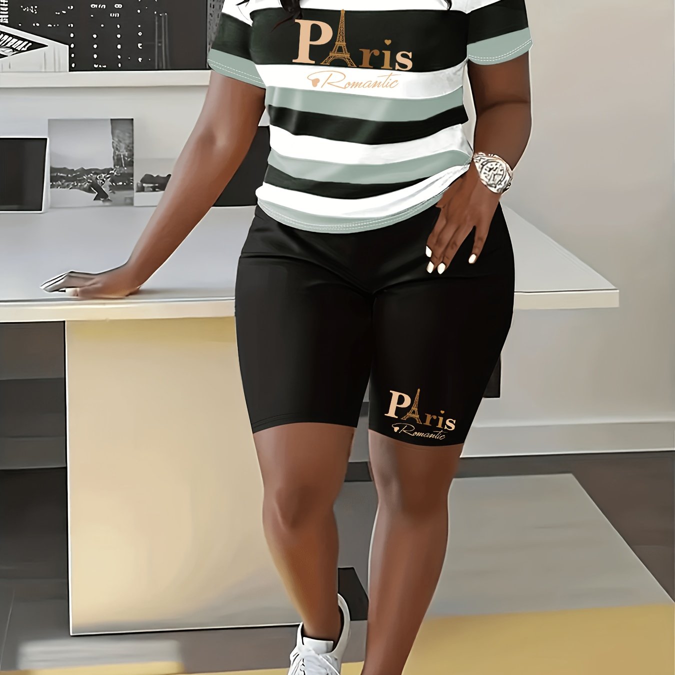 TEMU Letter Print Striped Spring/summer Round Neck Short Sleeve Shorts 2pcs Set