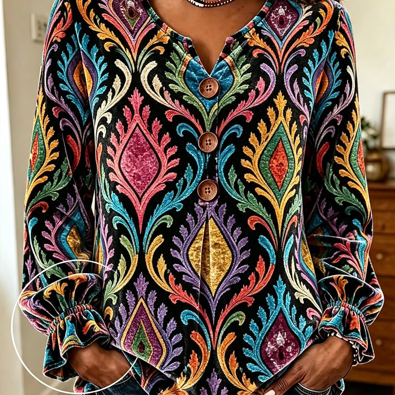 Image of Plus Size, Autumn, Plus Size Ladies, Bohemian Vintage Damascus Pattern And Geometric Print Velvet Long Sleeve Pullover, Small V-neck Decorative Button For Lotus Leaf Closed Sleeve Casual Top
