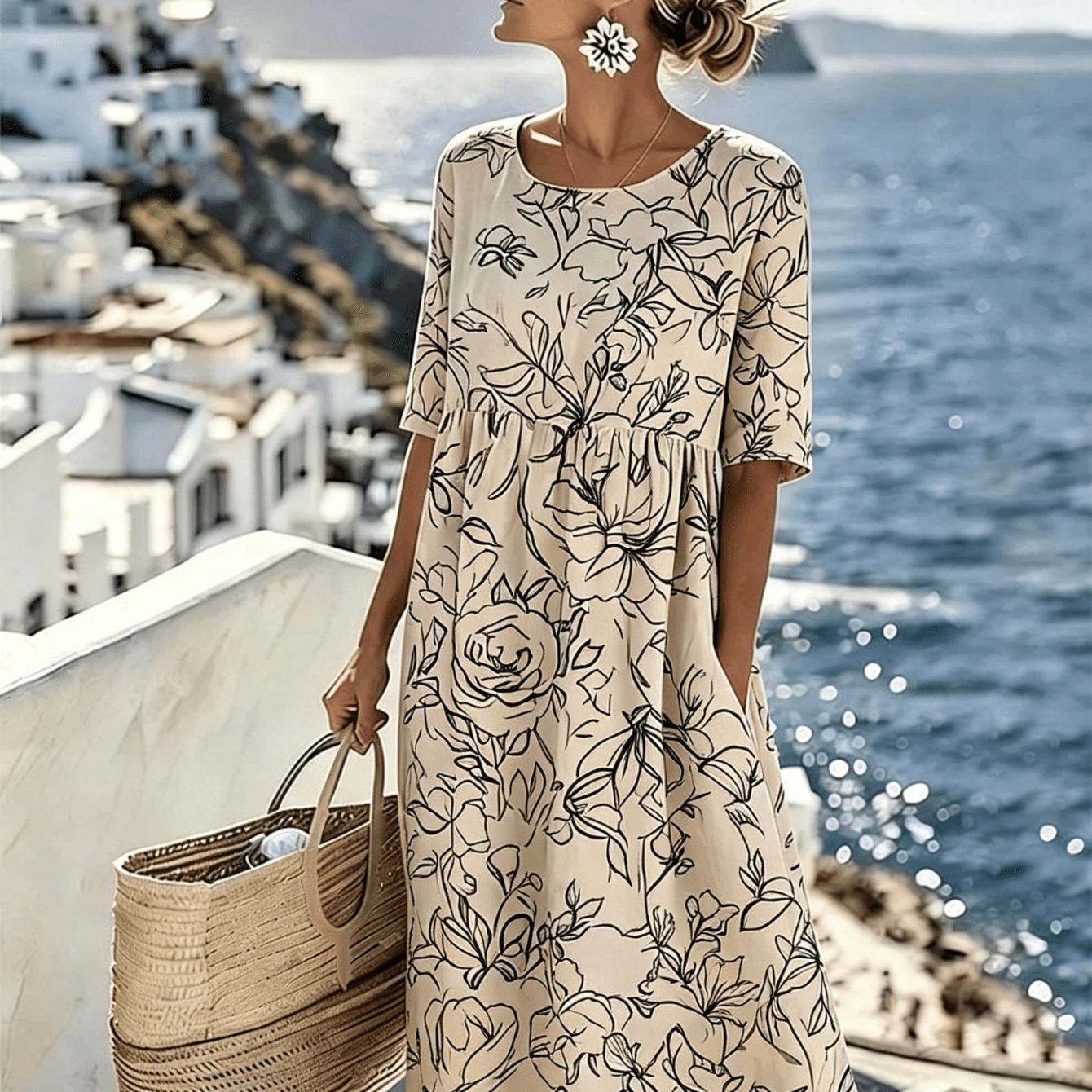 Image of Women's Summer New Half-sleeve Dress, Line Print, Round Neck Waist A-line Skirt, Loose Casual Vacation Long Dress