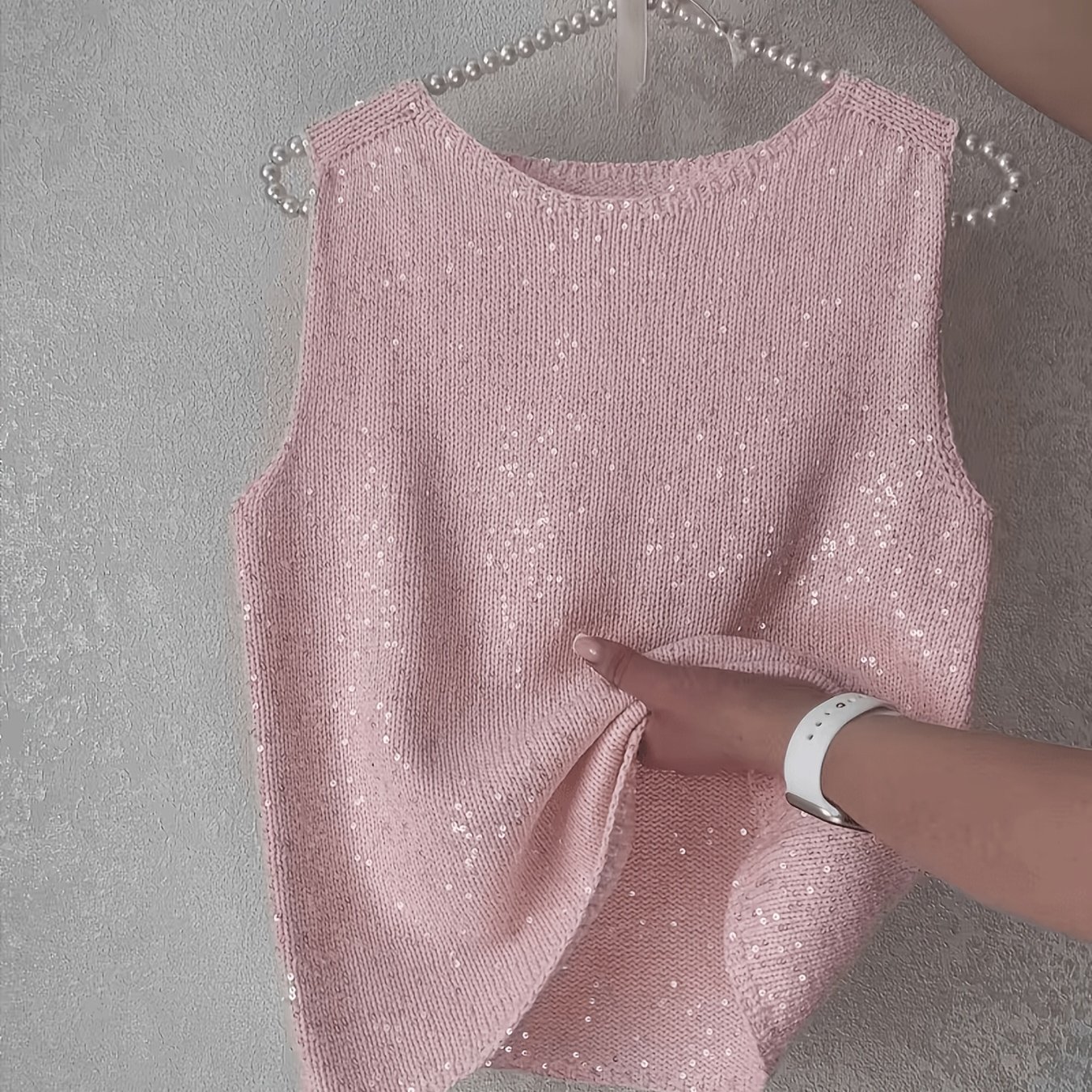 TEMU Shimmering Sequin Sleeveless Sweater Vest, Round Neck Loose Iridescent Pullover Vest