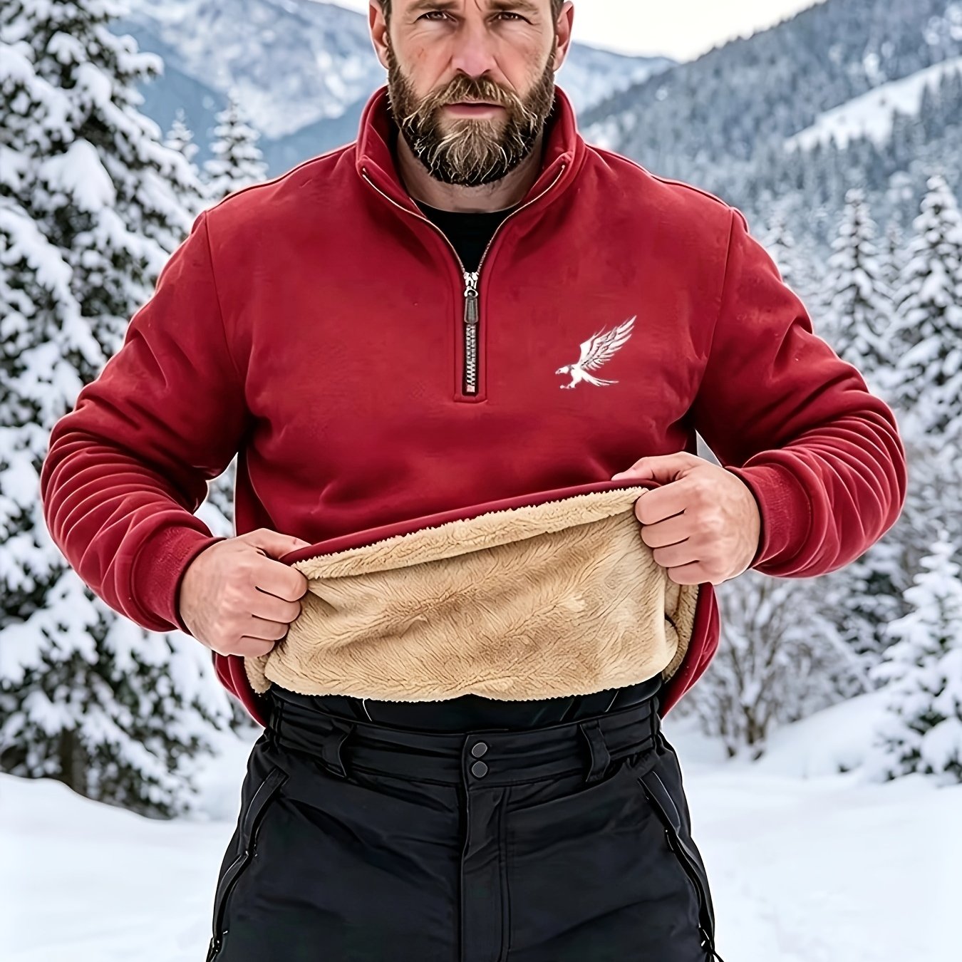 TEMU Men's Quarter Zip Shearling Lined Sweatshirt, Eagle Print Thermal Thick Pullover Tops, Winter Outdoor Warm Long Sleeve Casual Sweatshirts