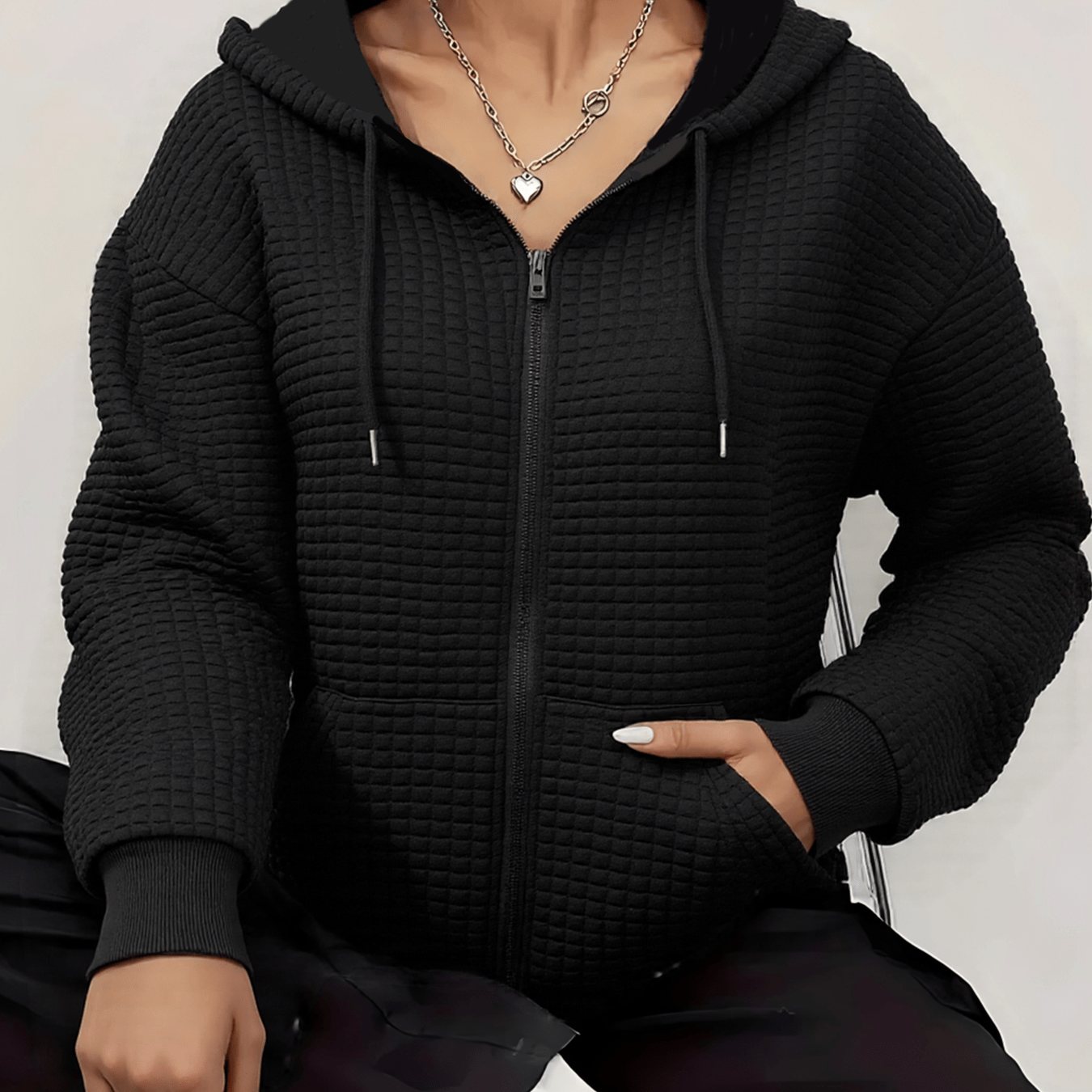 TEMU Plus Size Women's Waffle Zip-up Hooded Jacket - Lightweight Casual Outerwear With Front Zipper & Ribbed Cuffs, Machine Washable