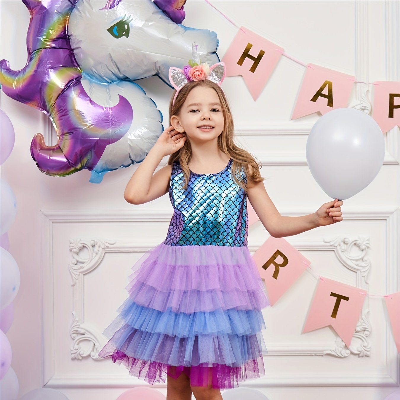Image of Girls Sleeveless Fish Scales Graphic Color Block Mesh Layered Hem Princess Dress For Party Kids Summer Clothes