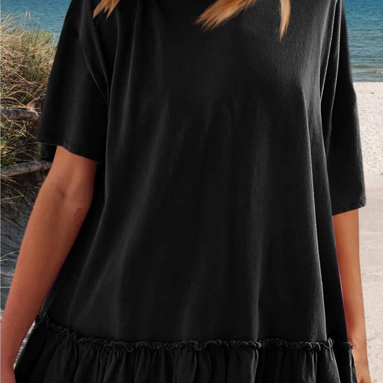 Image of Womens Peplum Oversized Tshirt Summer Flowy Casual Shirt Dress Crew Neck Pleated Babydoll Beach Tunic Tops