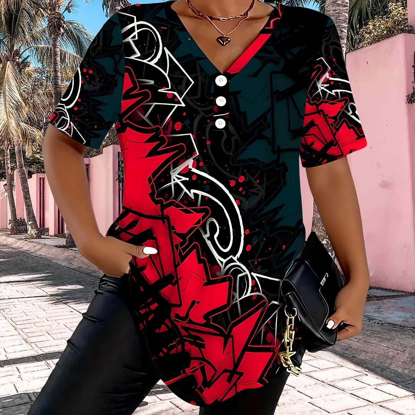 E-shop Damen Plus Size Vintage Print V-Ausschnitt Kurzarmhemd, Casual Mode-Oberteil, Vielseitiger Sommer-Trendstil