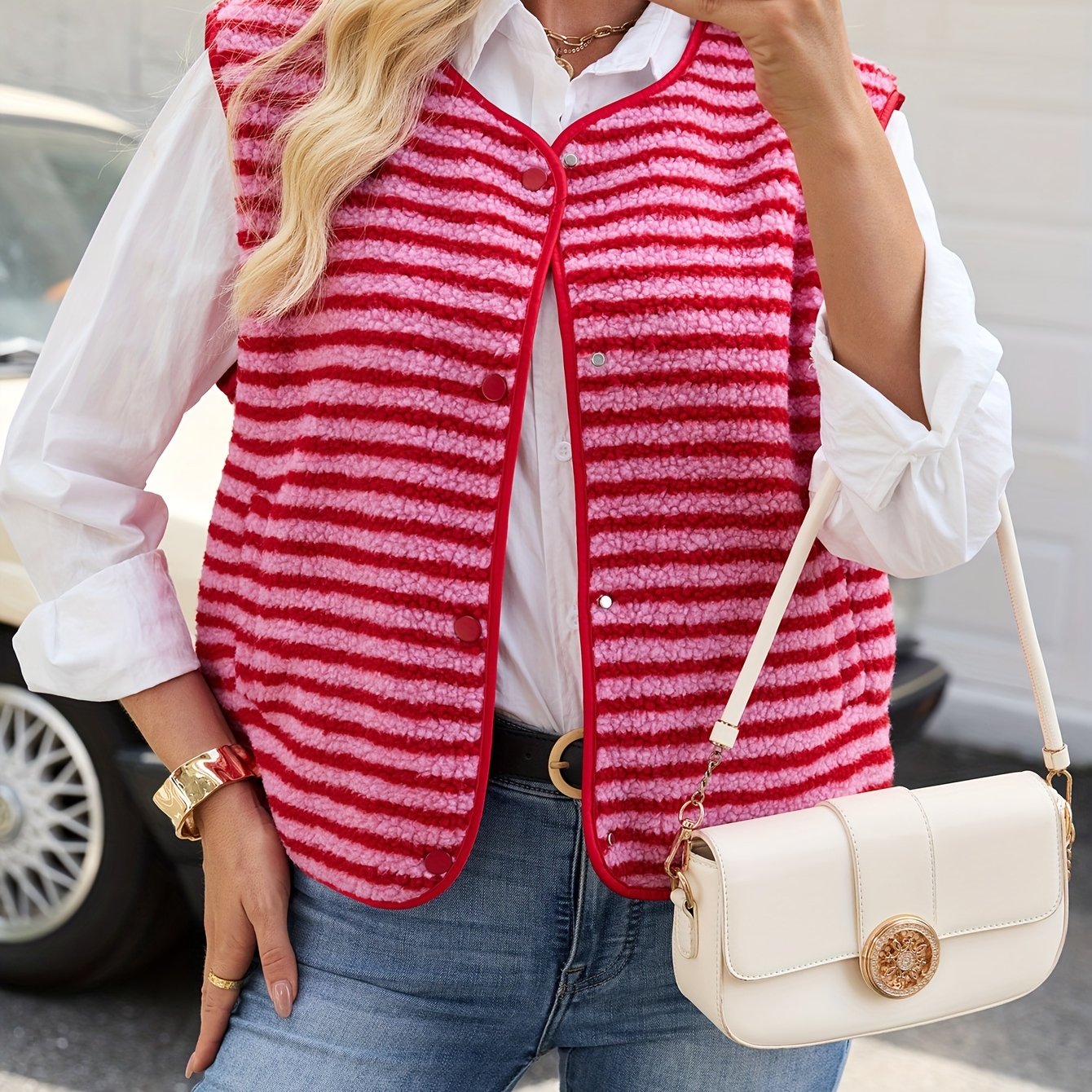 Women's Autumn And Winter Warm Vest Striped Vest Fashionable Versatile Sleeveless Jacket Button Elegant Cardigan
