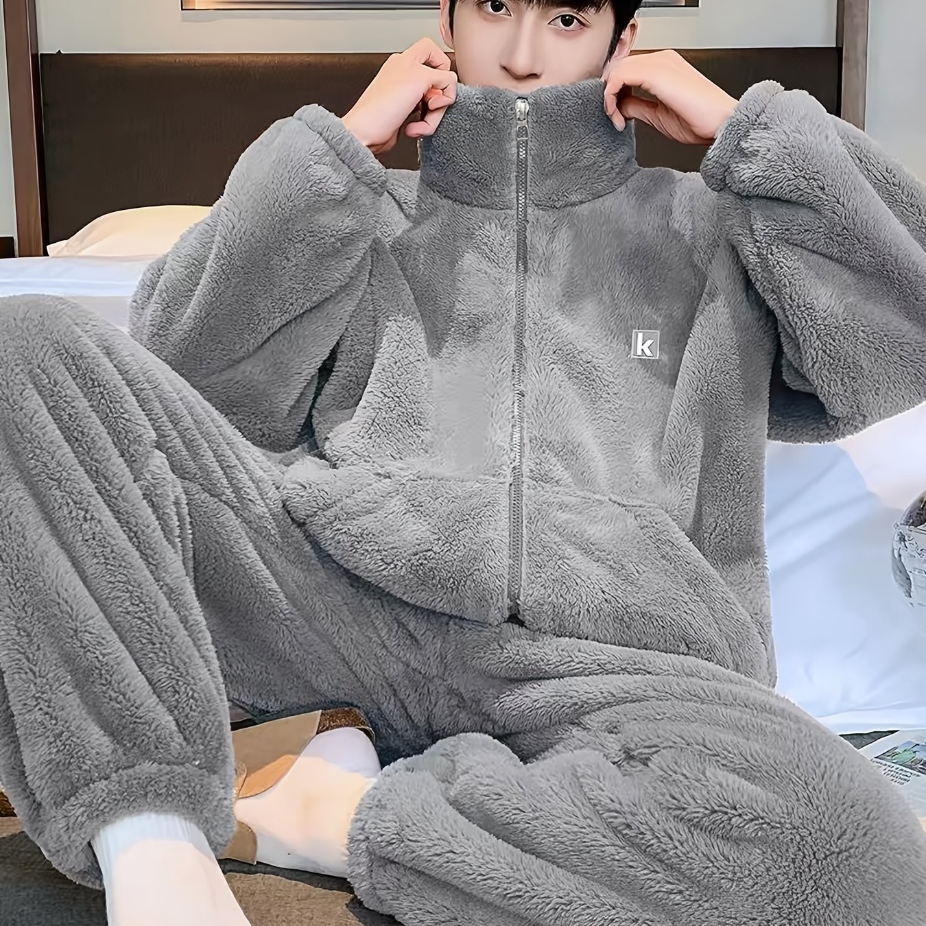 TEMU Polar Fleece Plush Set, Zipper Cardigan With 2 Large Pockets, Comfortable And Warm Loungewear