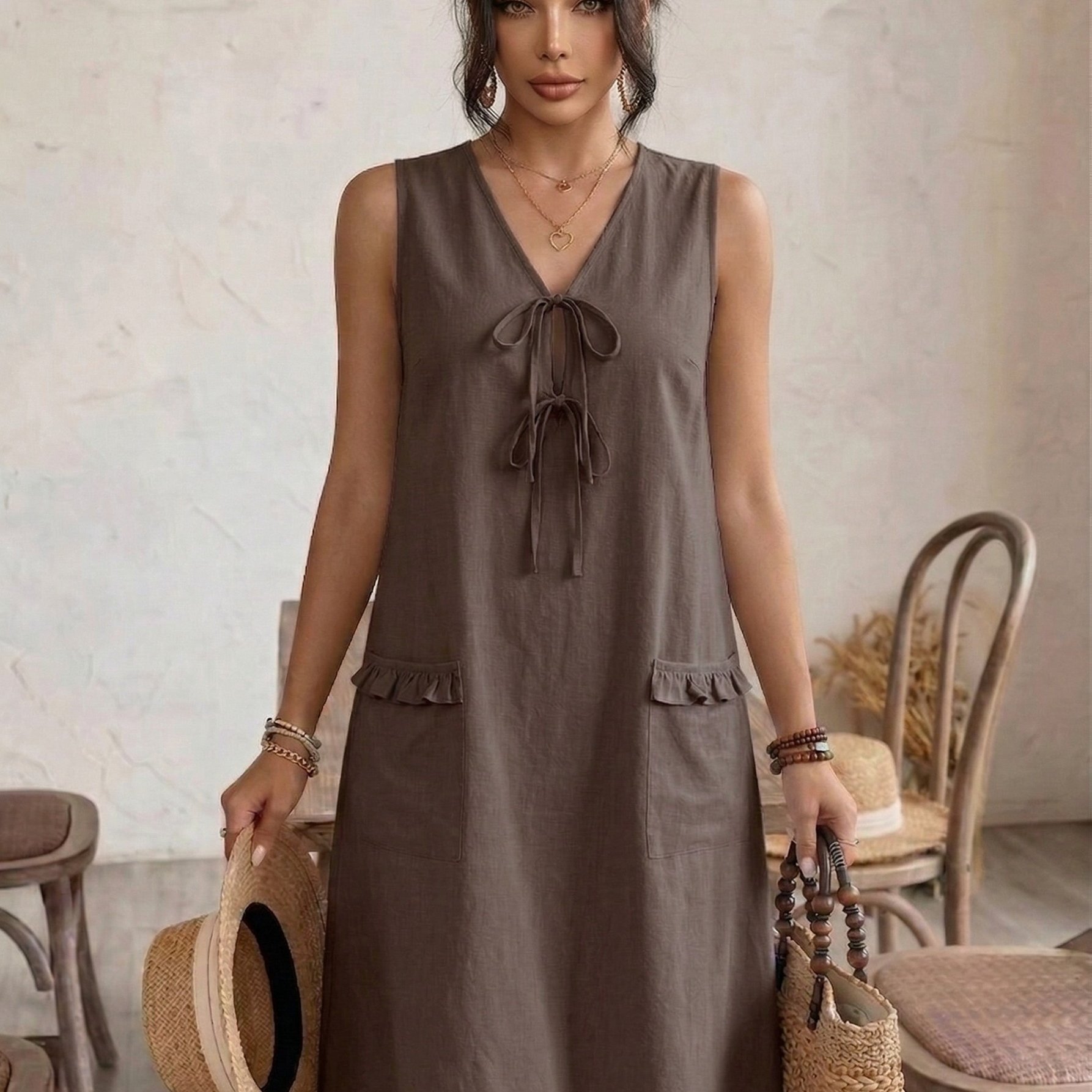 TEMU Summer Solid Ear Trim Tie-back Vest Fashion Comfortable Loose All-match Style