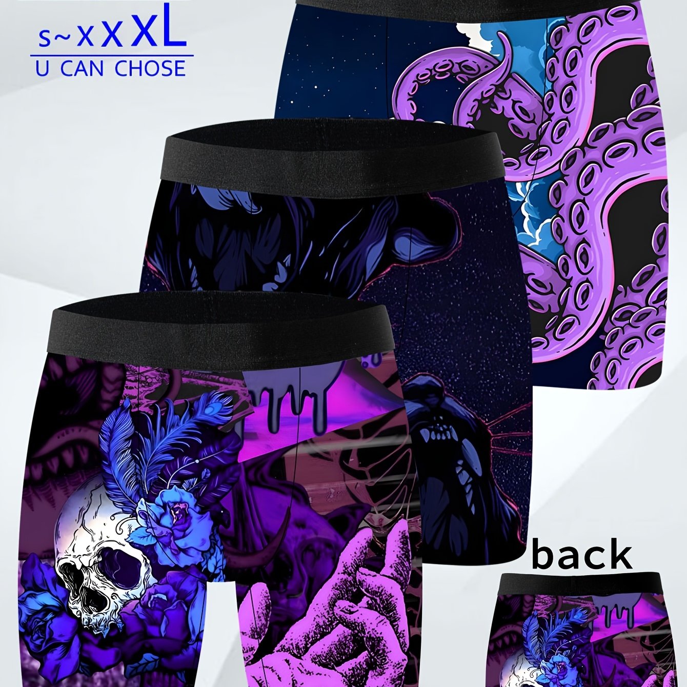 TEMU 3pcs Men's Novelty Shorts, Street Style Trendy Printed Underwear, Four-needle Six-thread , Knitted Fabric, Soft And Skin-friendly, Quick-drying