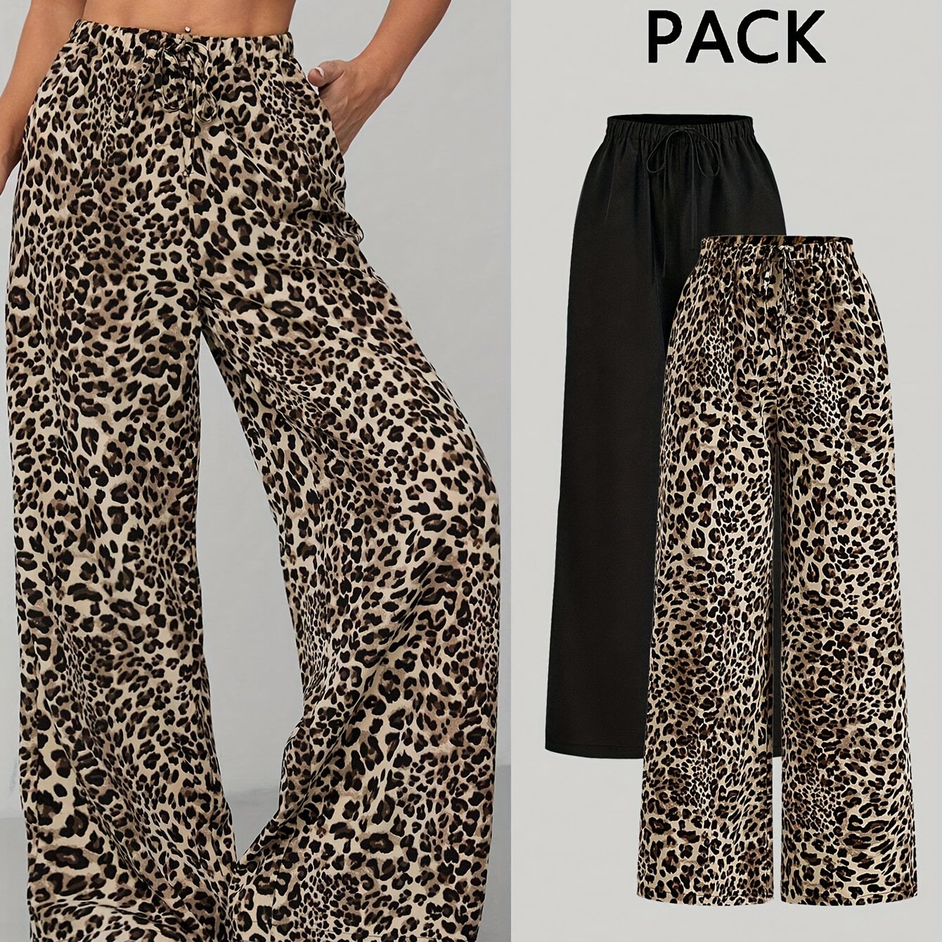 Yy0916136) A Two-piece Set Featuring High-waisted Leopard Print And Solid Black Wide-leg Pants, Perfect For Casual , Summer, And Autumn