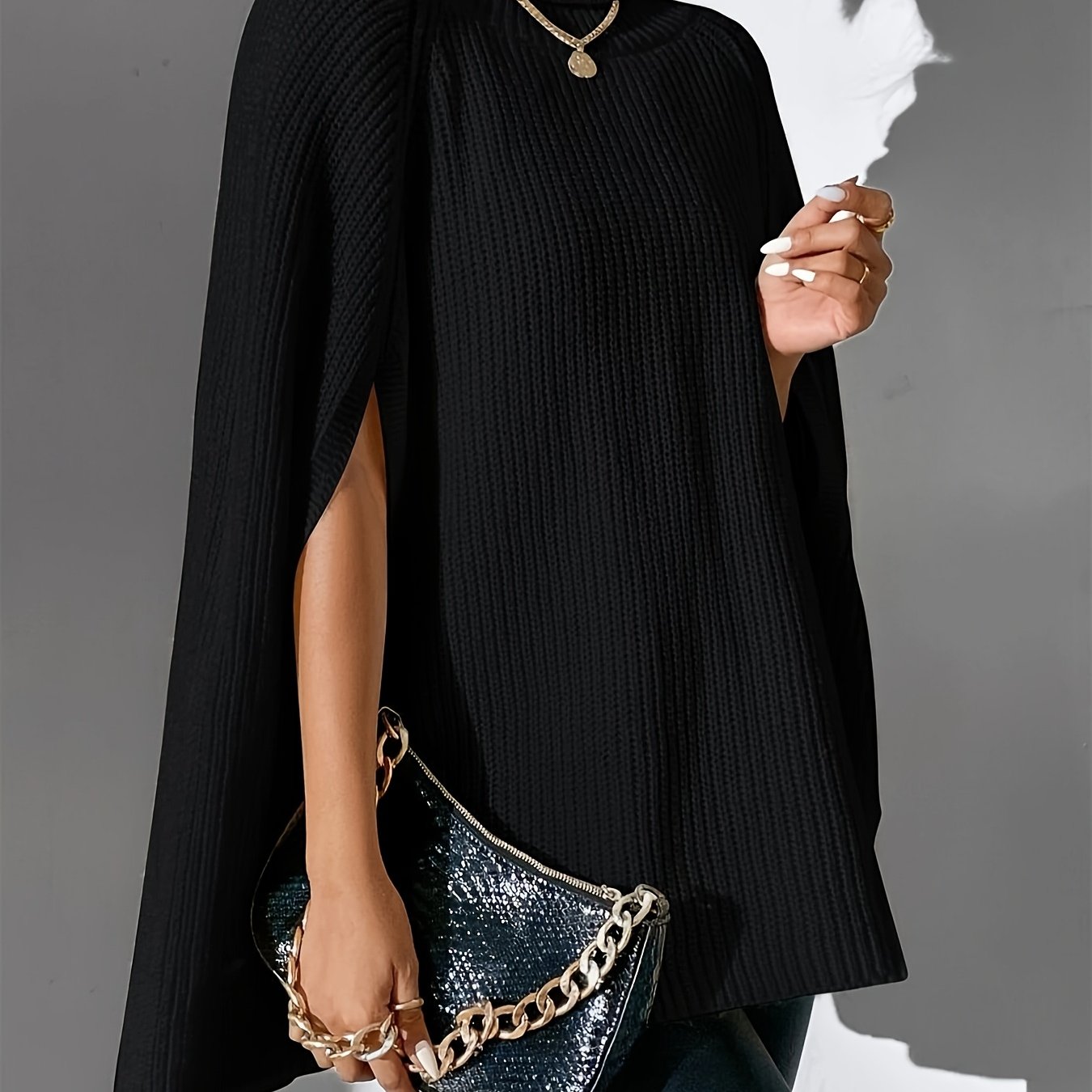 Plus Size - Plus Size - Plus Size Women's Fashion Statement Asymmetrical Hem High Neck Solid Color Casual Poncho, Suitable For Spring Autumn Outerwear