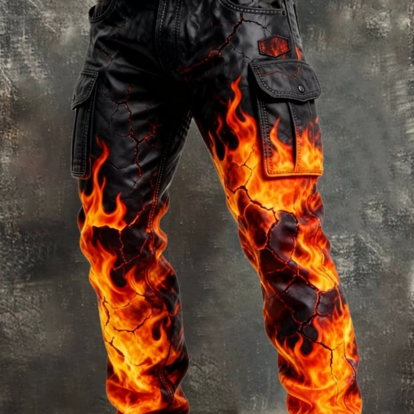 TEMU 1pc Men Streetwear Cargo Pants, Black Cracked Flame Print Multi Pocket Slim Trousers, -resistant Fabric, Great For Father's Day Gift, Summer
