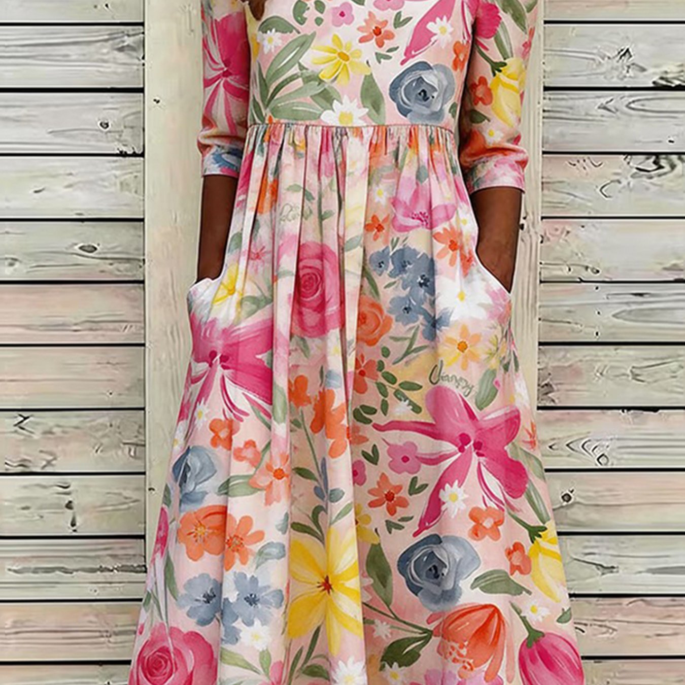 Women's Floral Prints 3/4 Sleeve Midi Dress, Elegant Round Neck Beach Dress For , Best Gift For