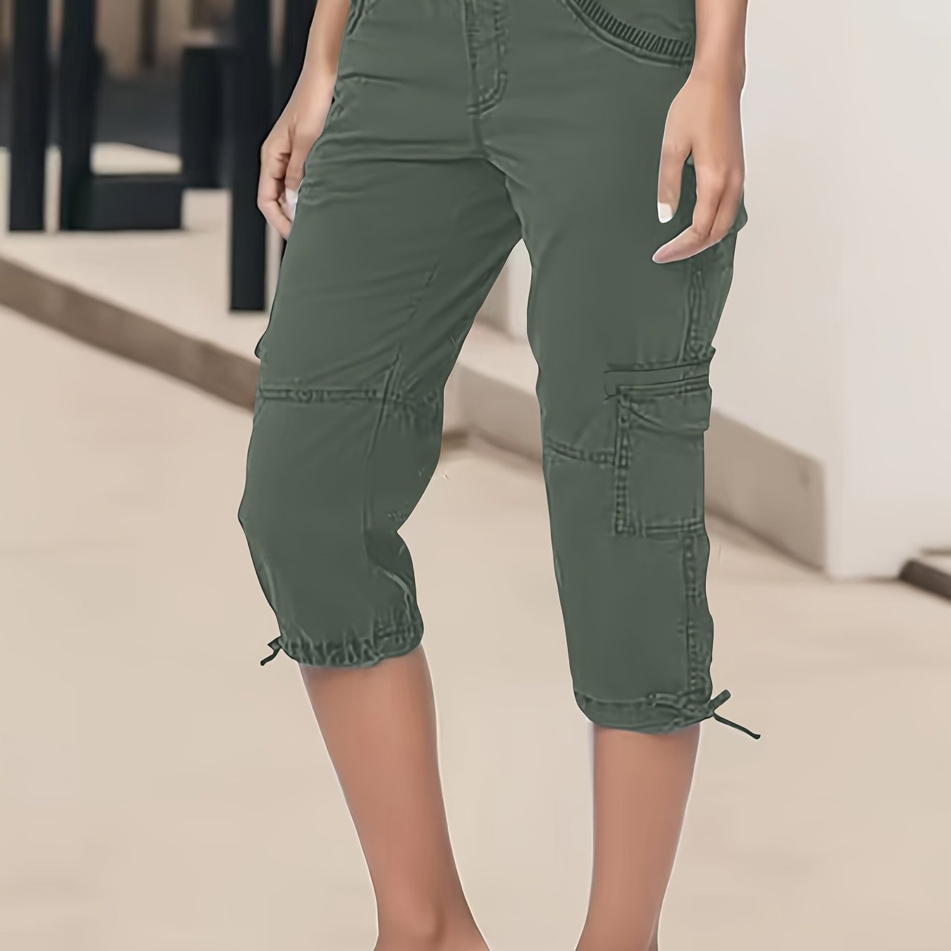 2024 Summer Women's European And Style Workwear Capri Pants With Pockets And Elastic Drawstring Waist, Fashionable And Trendy Casual Pants