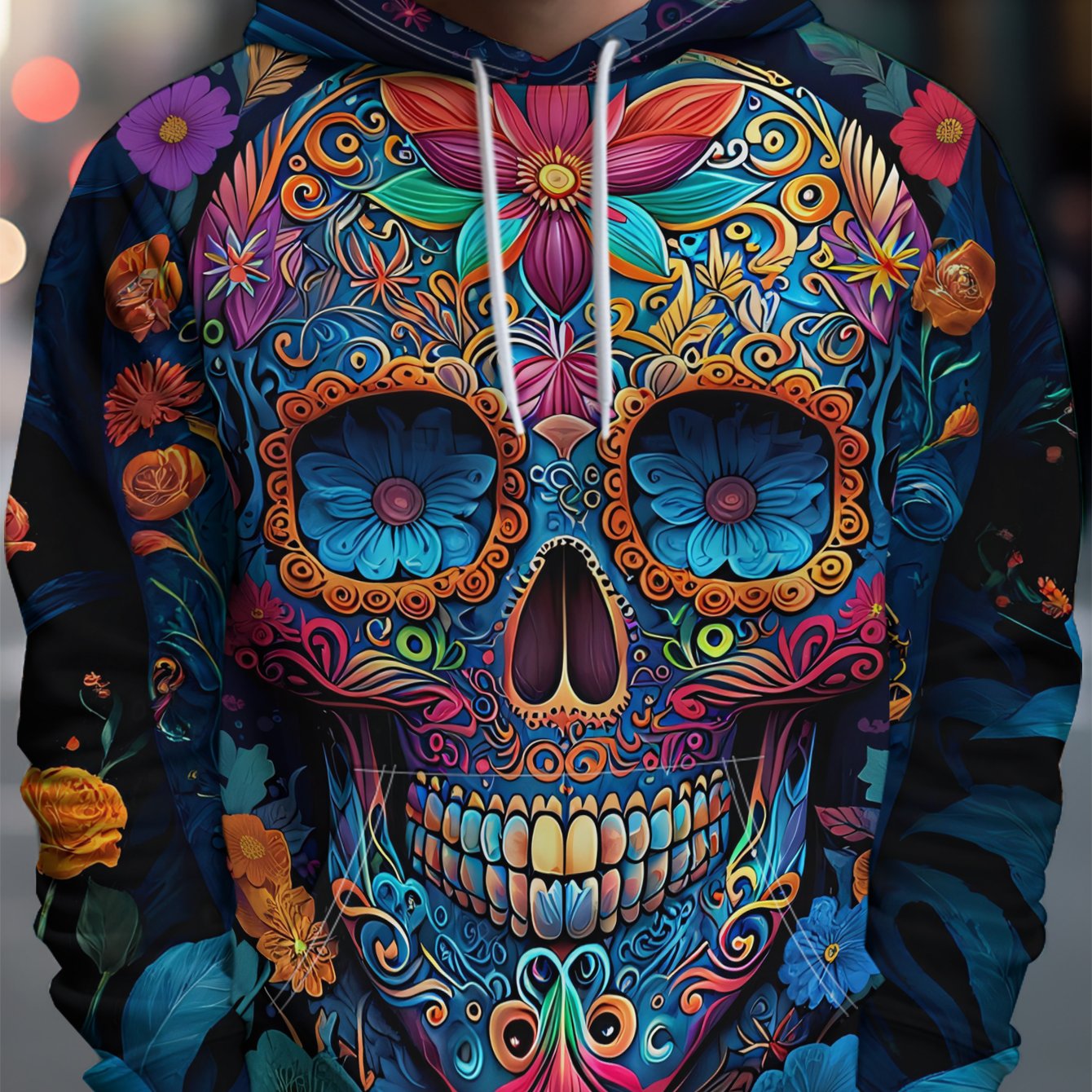 TEMU Men's Individual Style Hooded Sweatshirt With Colorful Sugar Skull And Floral Decoration, Surrounded By Leaves - Full Of Street Trendy Style,