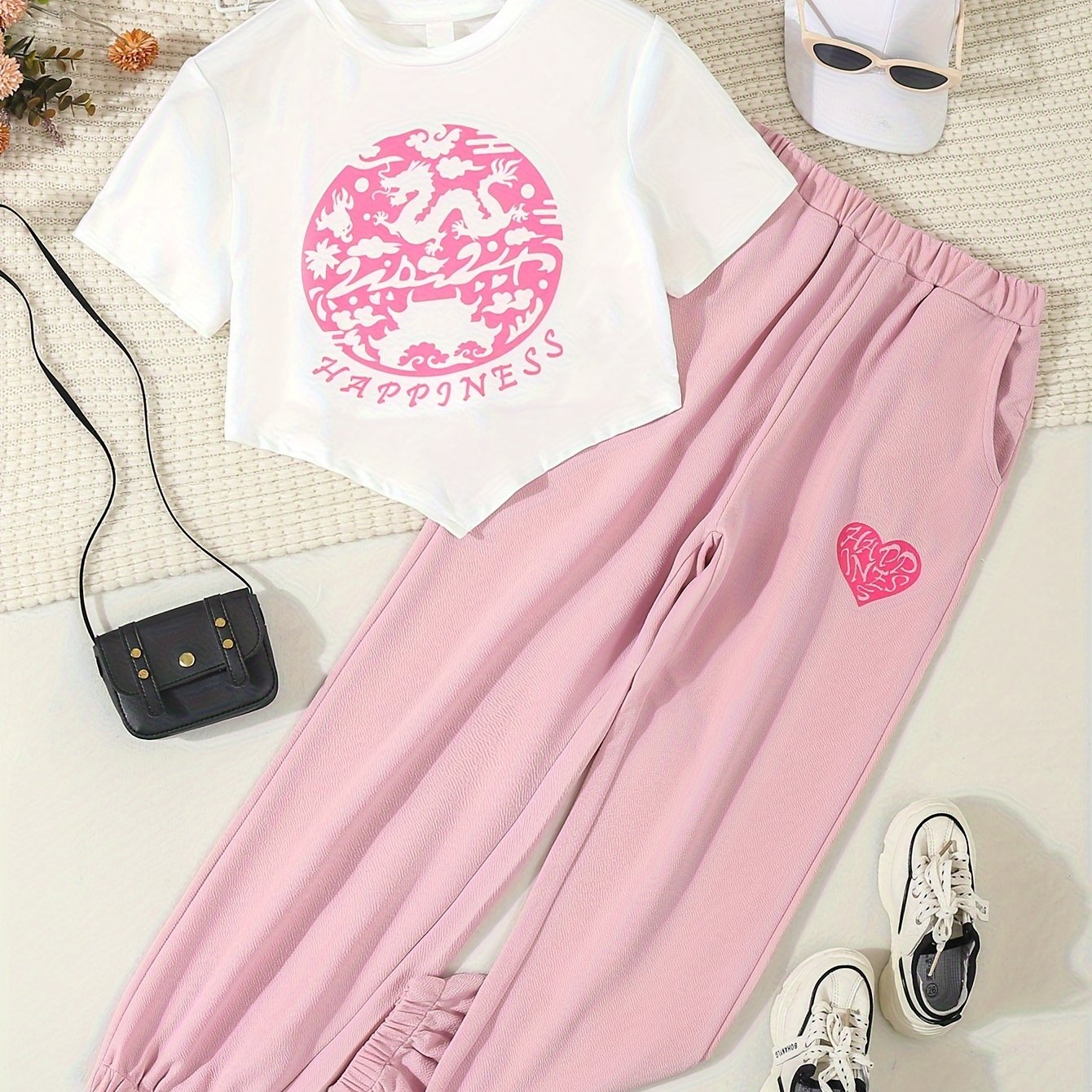 TEMU Trendy 1 Set Teen Girl's Elegant Tee + Jogger Pants Set, Comfy & Fashion Girls Spring/ Summer Casual Wear And Outdoor Outfit