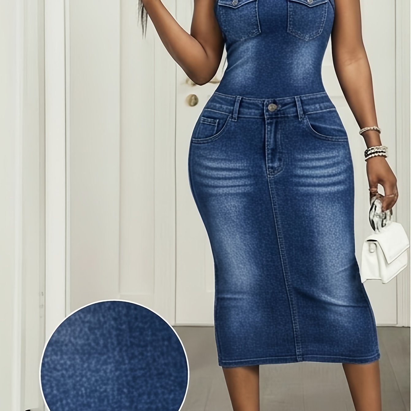 Image of [printed Pants - Not Denim Fabric] Style Sleeveless Denim Print Vest Dress Women | Casual Yet Flattering, , Light Social, And