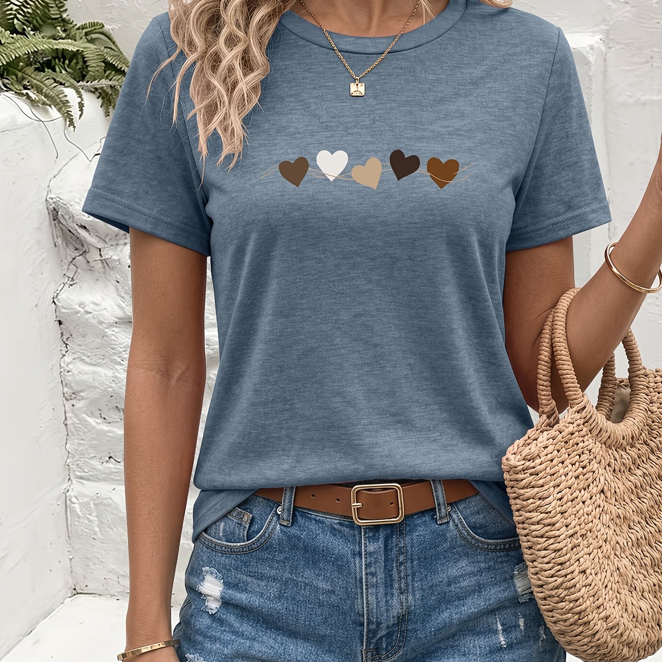 TEMU Gradient Heart String Pattern Print Round Neck T-shirt, Soft And Comfortable, Summer Round Neck Fashion Tee, Casual