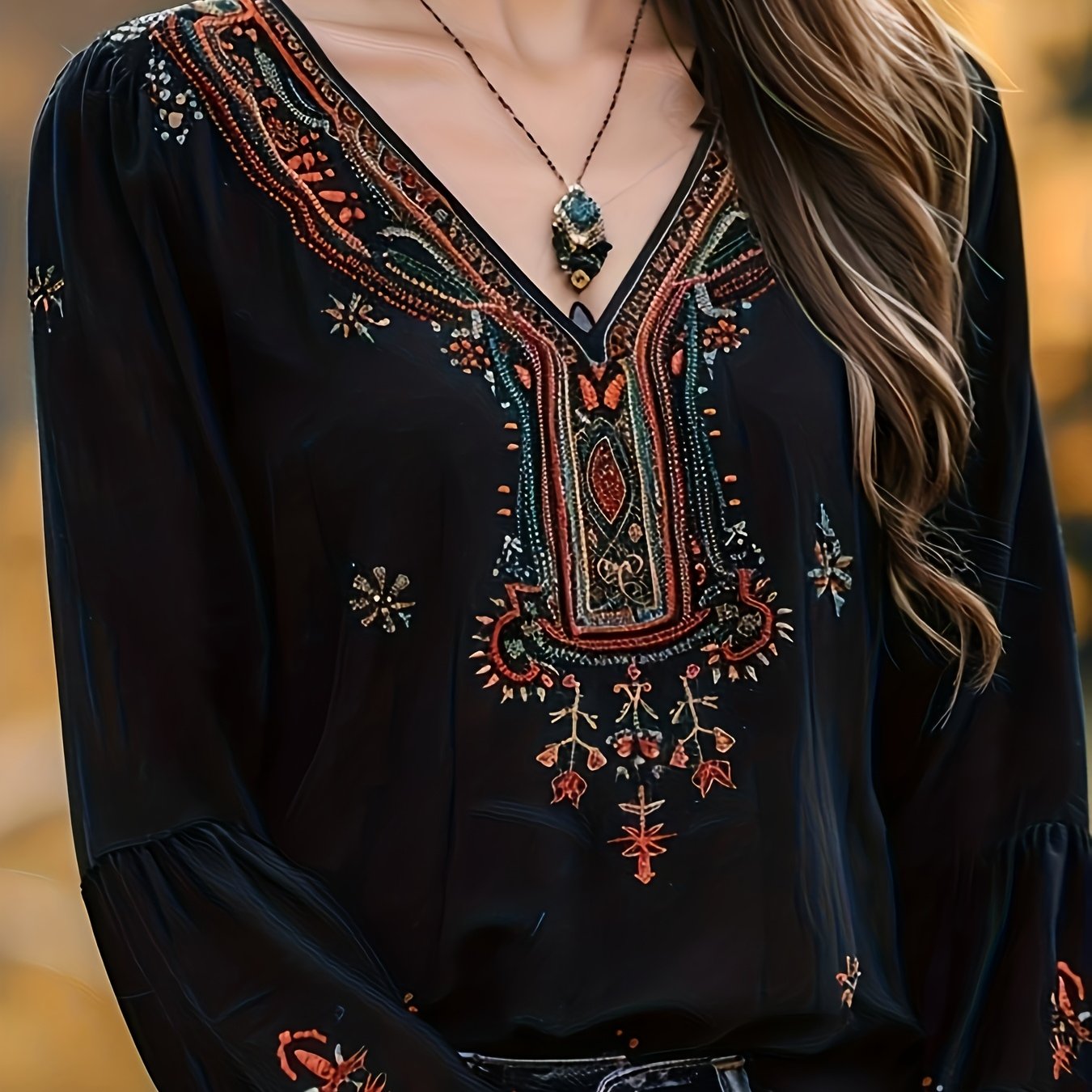 Bohemian V-neck Long-sleeve Blouse With Ornate Front Details For Women