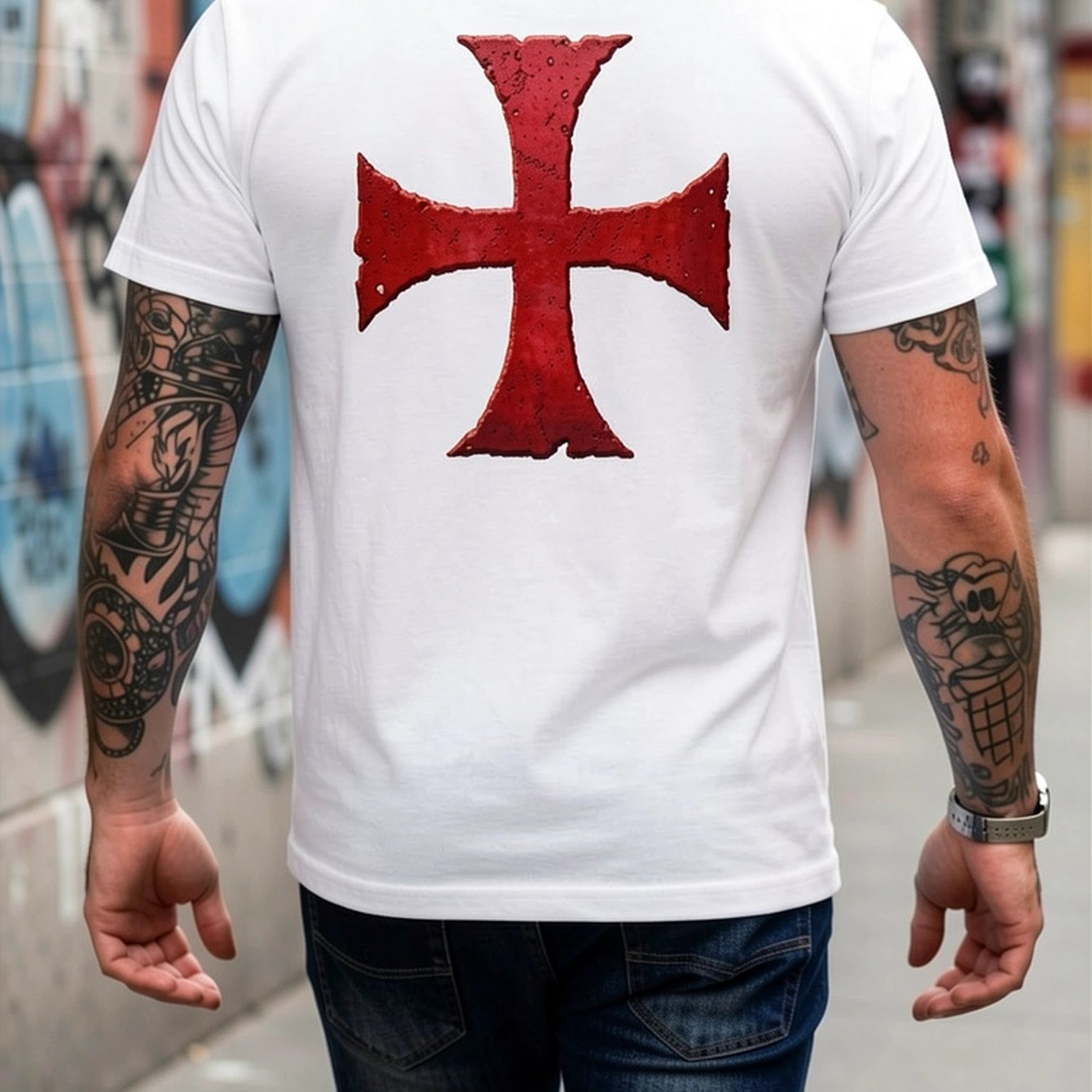 Image of Red Templar Cross Design - Men's T-shirt Vintage Style - Gothic Medieval Fans (machine Washable)
