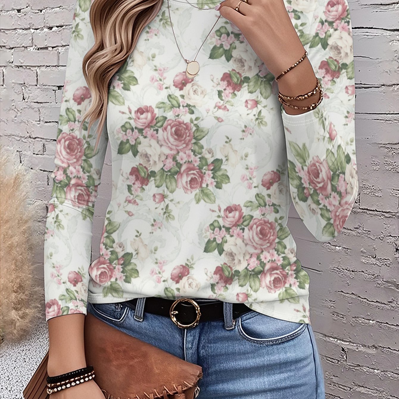 TEMU Floral Drawing Print Graphic T-shirt, Long Sleeve Round Neck Casual Top, Spring/autumn Season, Women's Clothing -085 Positioning
