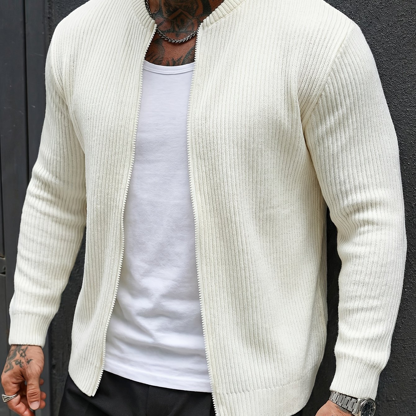 E-shop Herren Strickjacke, Herbst/Winter Lockerer Schnitt Reißverschluss Rippstrick Pullover, Drop-Schulter Dicke Uni-Farbe Casual Mode Mantel
