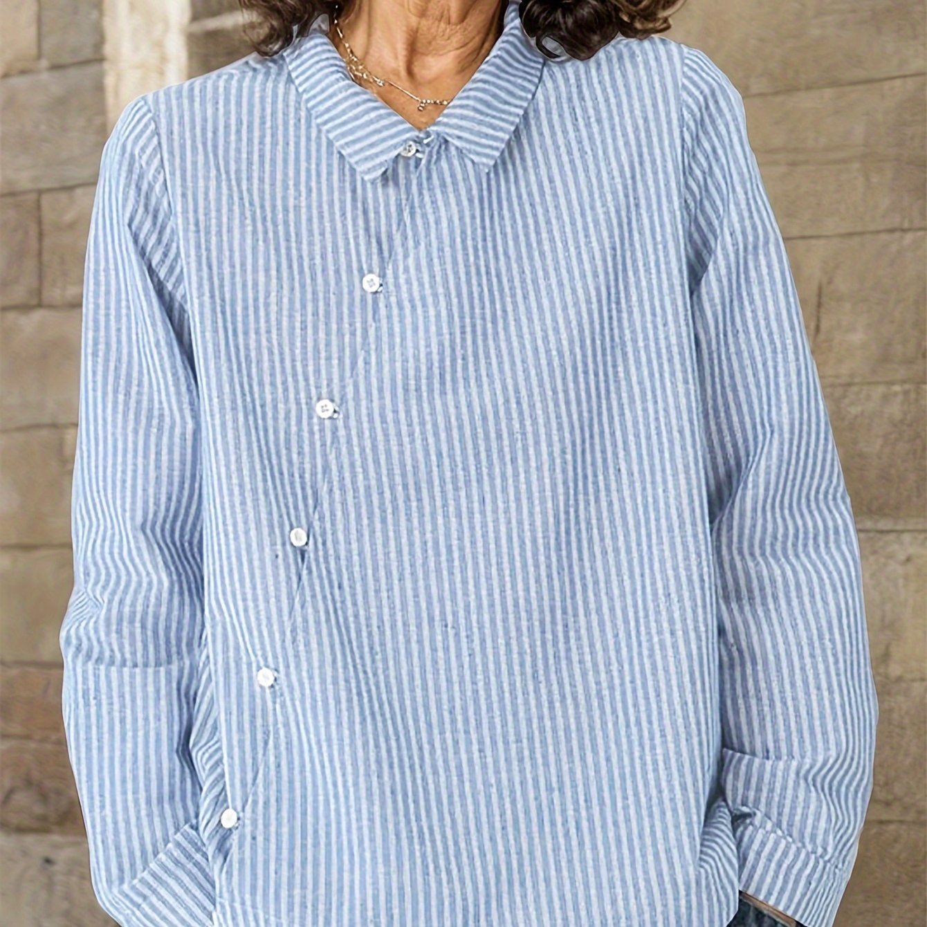 Image of Loose Striped Shirt With A Diagonal Opening And Collar