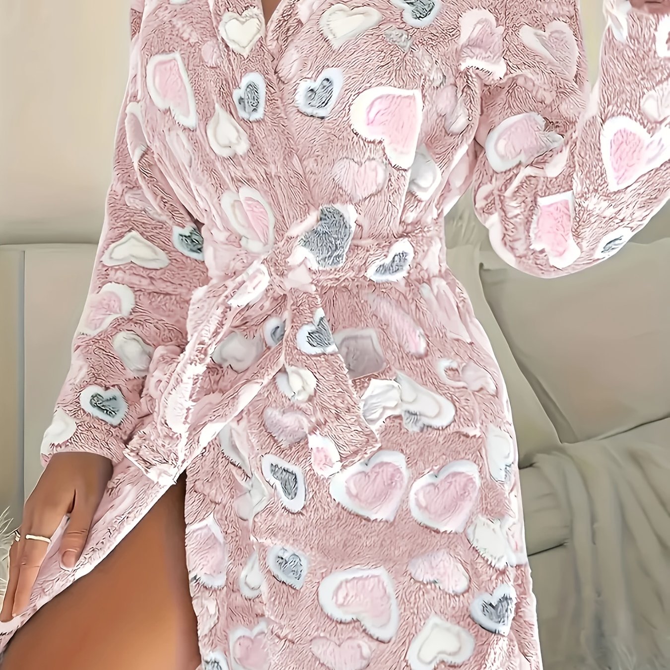 New Autumn/winter Flannel Plush-lined Warm Sleep Robe With Pockets