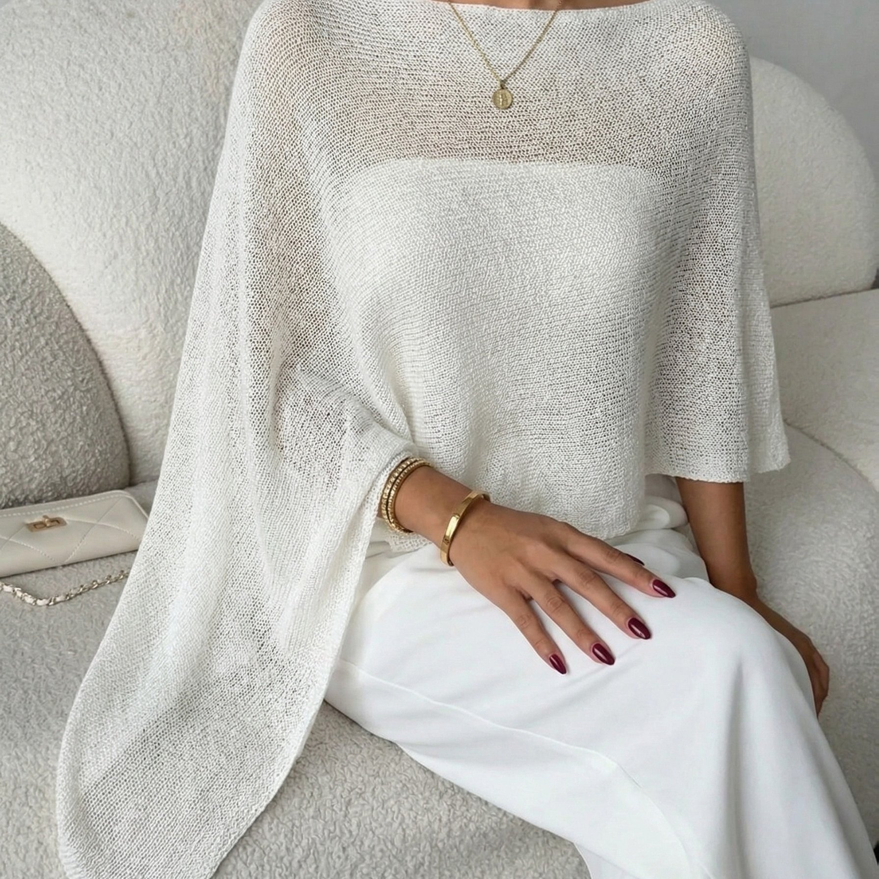 TEMU Temperament Solid Color Layering Top, Women's Loose Hollow Puff Sleeve Irregular Casual Cardigan, Beach Vacation, Commute Outerwear, French