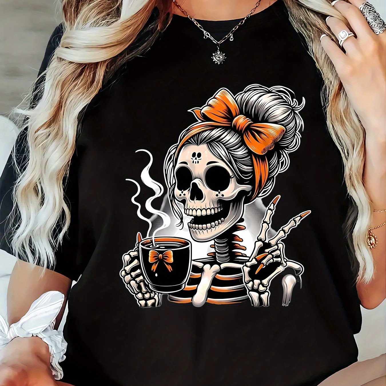 TEMU T-Shirt Décontracté Femme à Imprimé, Col Rond, Manches Courtes, Tissu Légèrement Élastique, Coupe , Haut Confortable pour Toutes , Vêtements