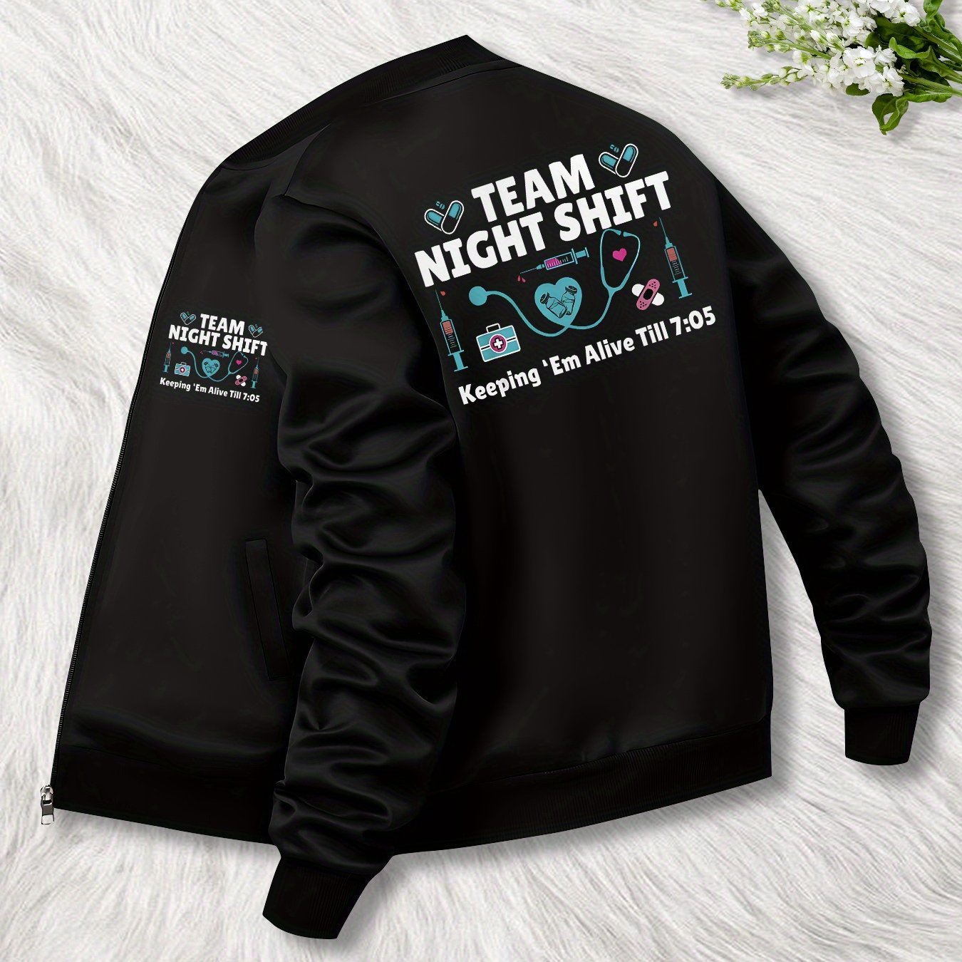 TEMU Women's Popular Guard Team Print Style Casual Zip Jacket, Print - Long Sleeve, Polyester Blend, Lightweight, Four-season Coat, Machine Washable
