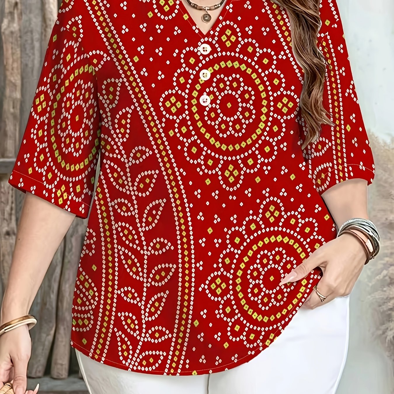 TEMU [printed Design - Not Texture] Women's 3/4 Sleeve Printed Top, Ethnic Style Geometric Print, Fashionable Casual, Daily Commute Wear, Comfortable