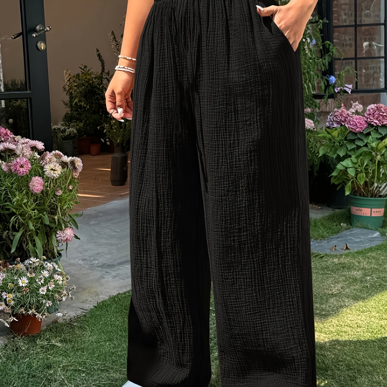 Plus Size, Women's Elegant Summer Wide-leg Pants, Pleated Fabric And Texture With Bohemian Style In Plus Size