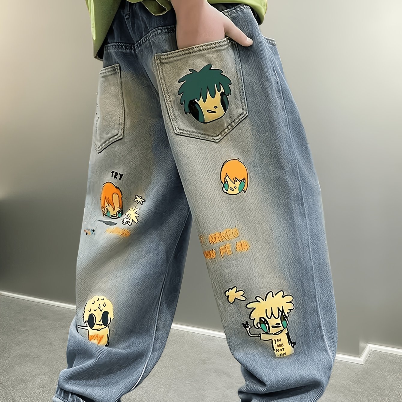 Boys' Jeans With Print, Casual Long Pants, Autumn/ Denim, Outdoor Casual Streetwear Style, Large , Regular Fit Wide-leg Pants, Suitable For , Combining Fashion, , And Durability, Four-season