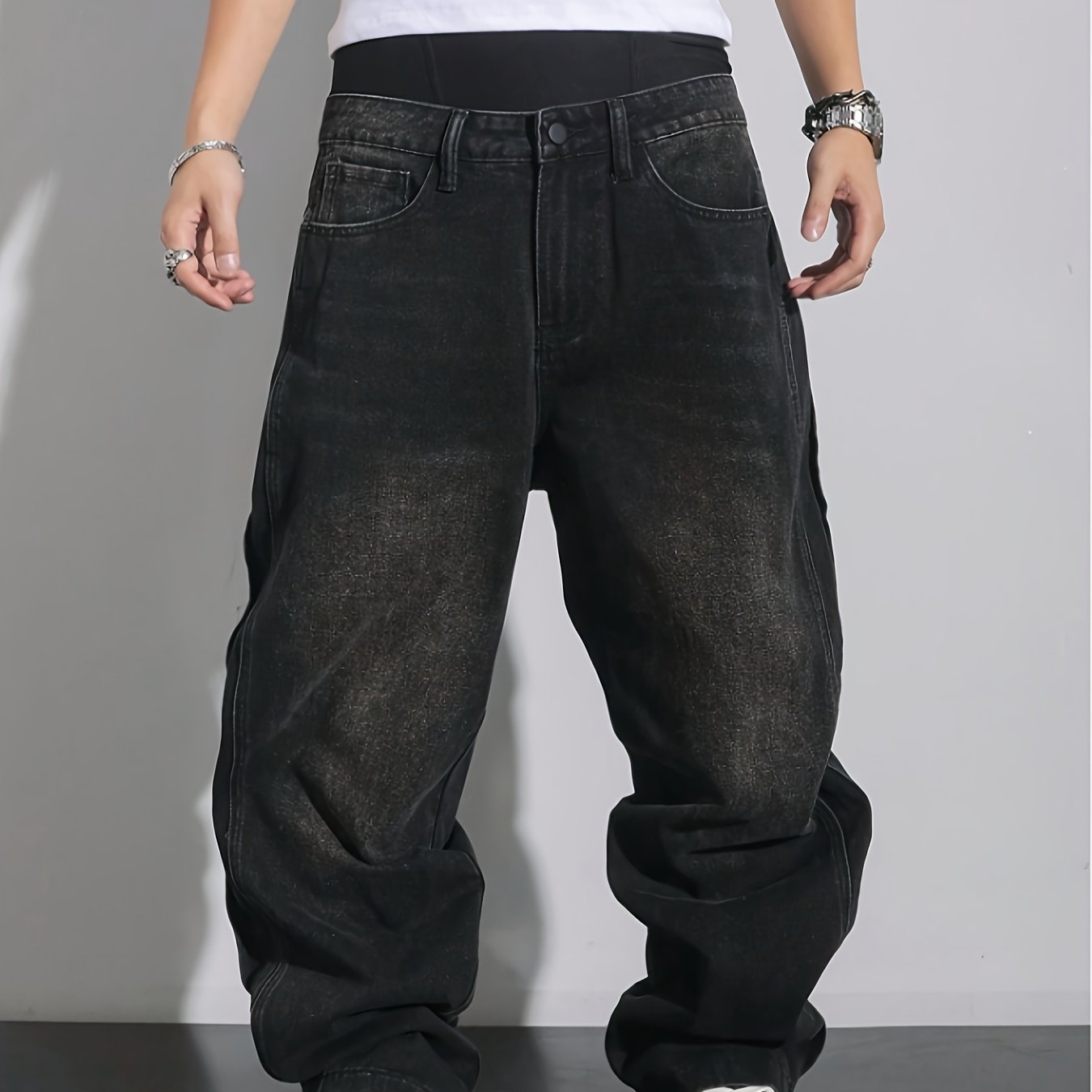 TEMU [hme] Men's Casual Classic Denim Trousers, Loose Wide-leg Straight-leg Pants, Retro And Trendy Baggy Style, Three-dimensional Cut Side Seam