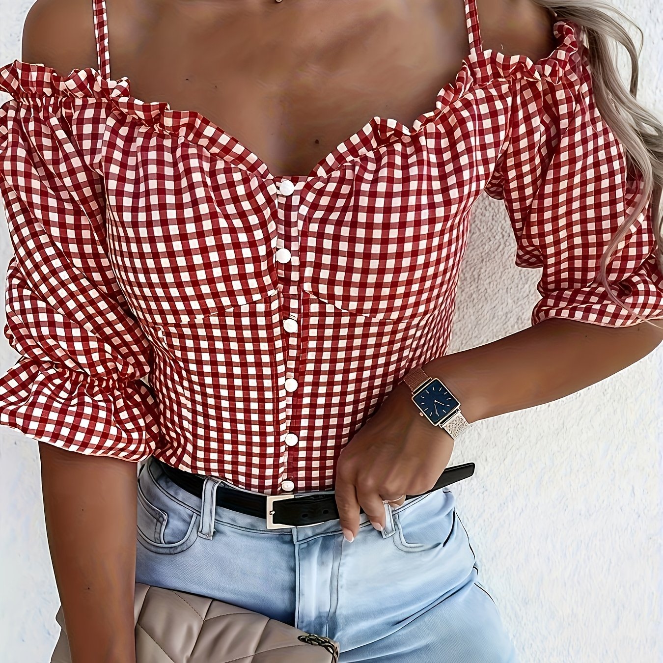 TEMU Elegantes Damen Off-Shoulder V-Ausschnitt Kariertes Kurzarmhemd - 2026 Neues, vielseitiges Mode-Top, für Freizeitaktivitäten, Dates und Pendeln