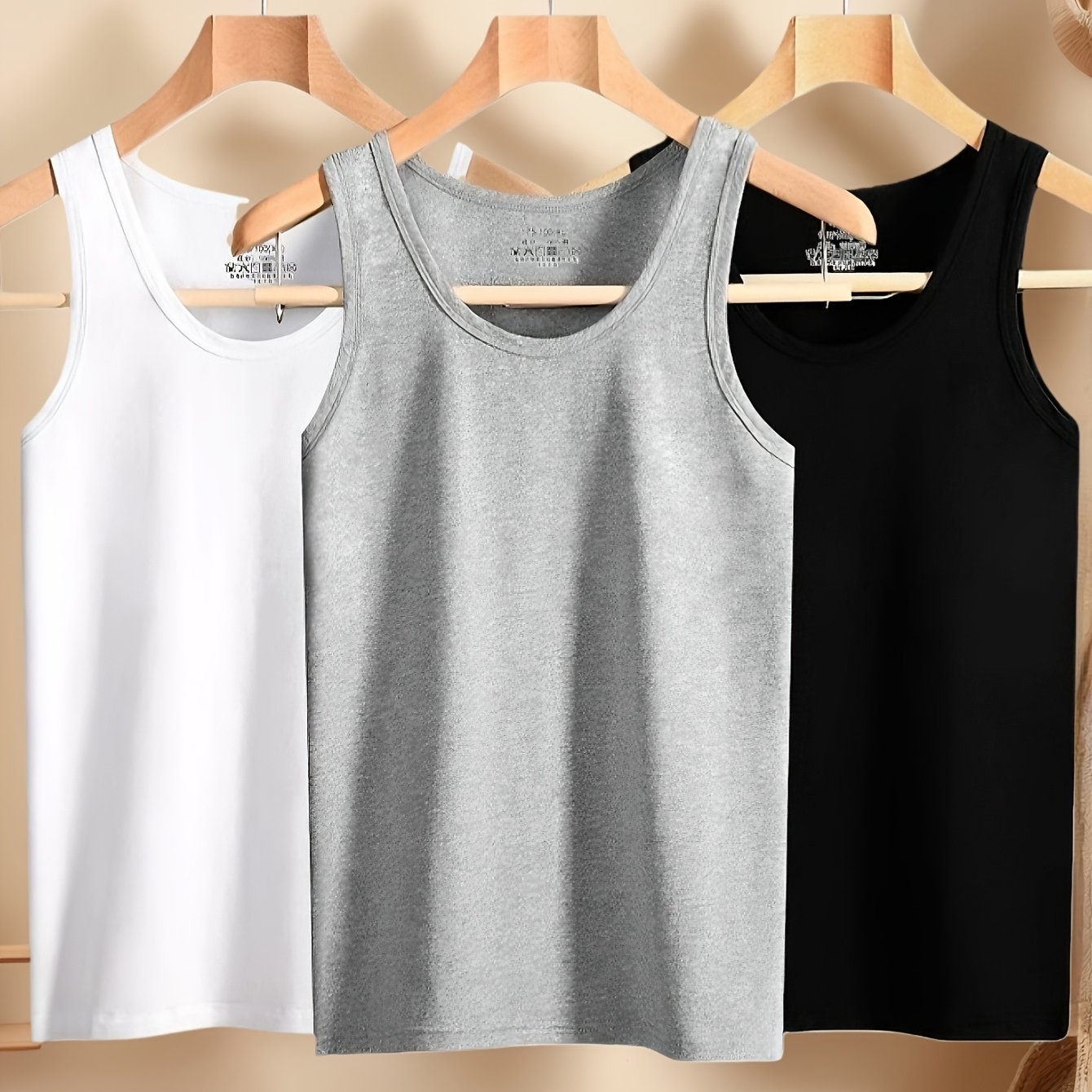 TEMU 3pcs Simple Tops Pure Cotton Men's Vests And Tops Black, White And Gray, Suitable For Daily Wear, Sports, Going Out, Beach And , Spring And