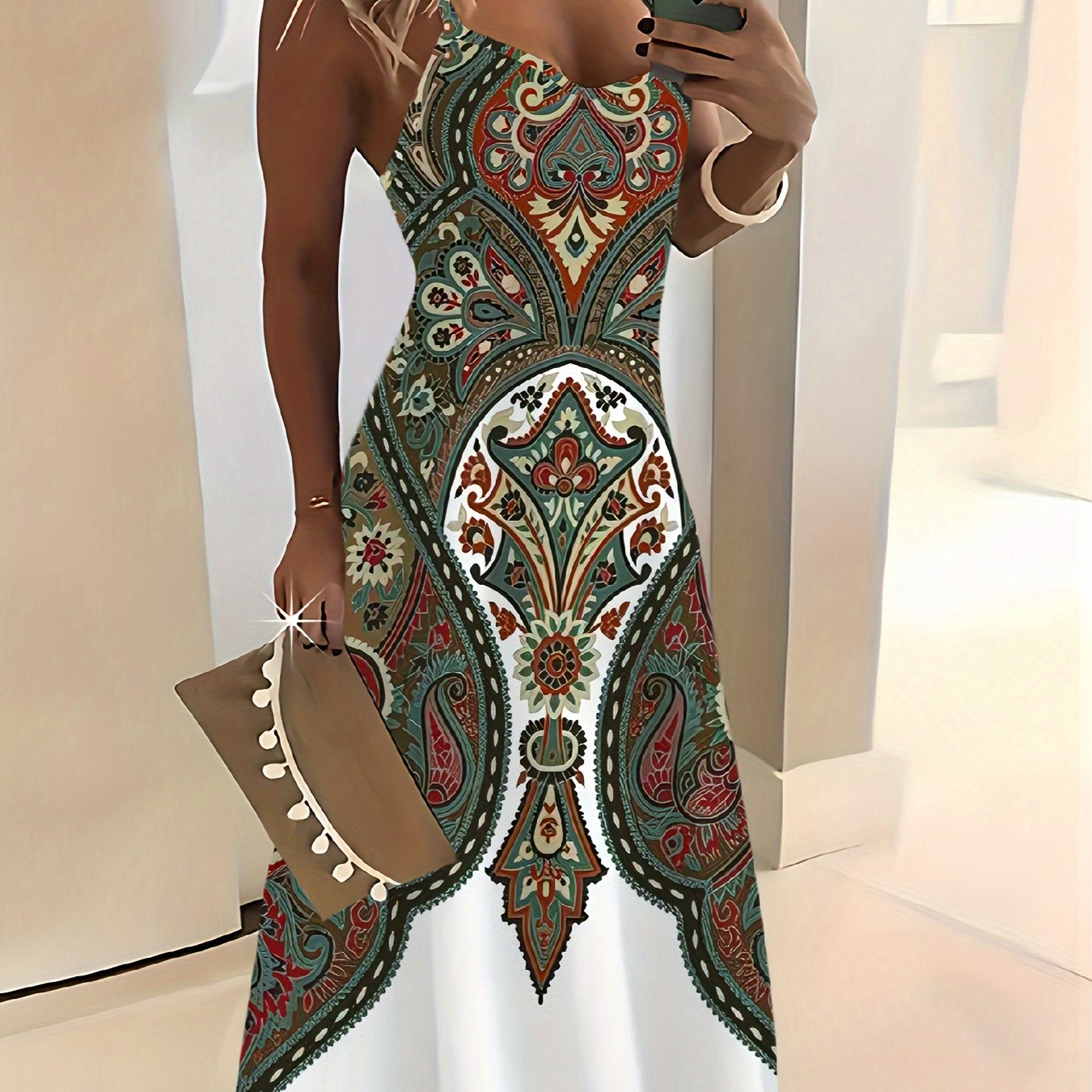 Image of Vacation-style Colorful Paisley Floral Print Design Round Neck Camisole Dress