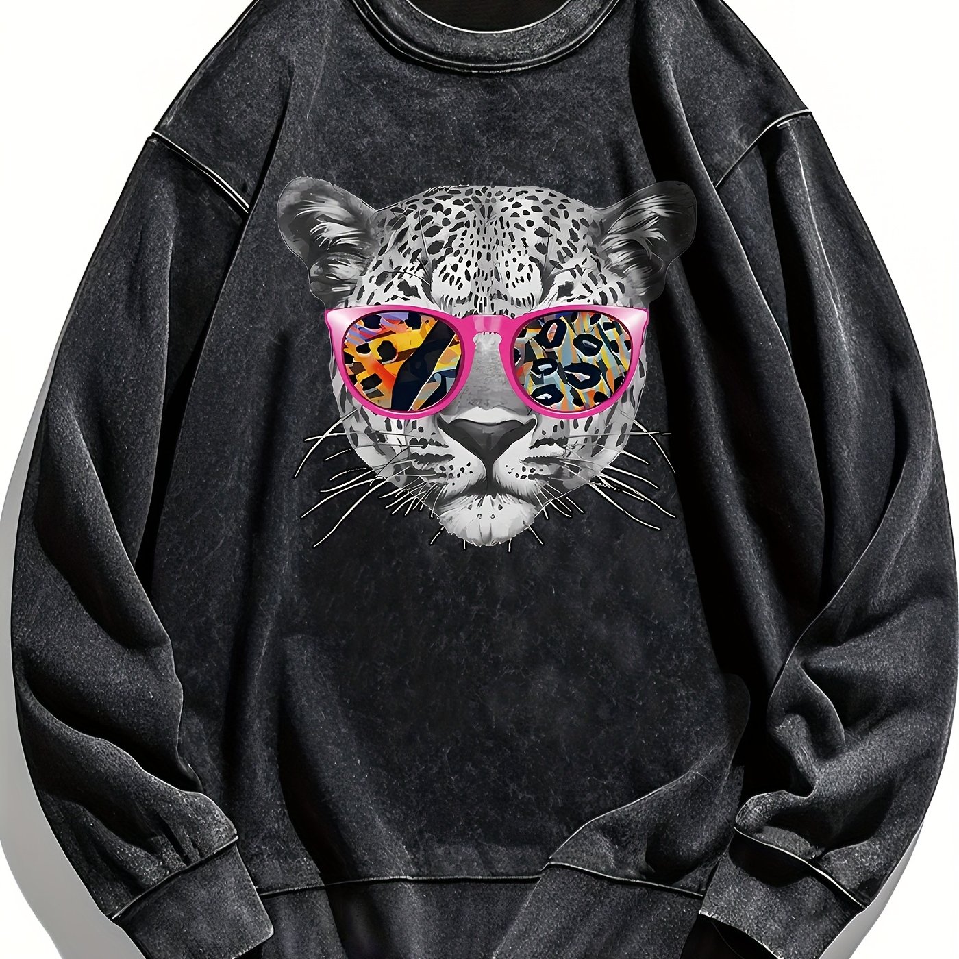 Image of Leopard Printed Casual Retro Women's Washed Round Neck Hoodie For Autumn And Winter
