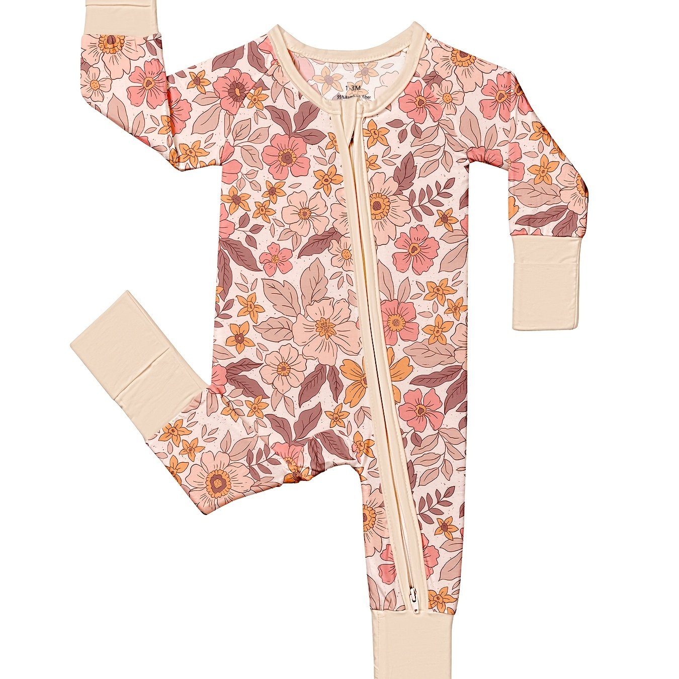 TEMU Soft Bamboo Fiber Baby Bodysuit With Pink Flower Print, Double-sided Zipper, And Matching Pants - Casual, , Machine Washable - Adorable Design
