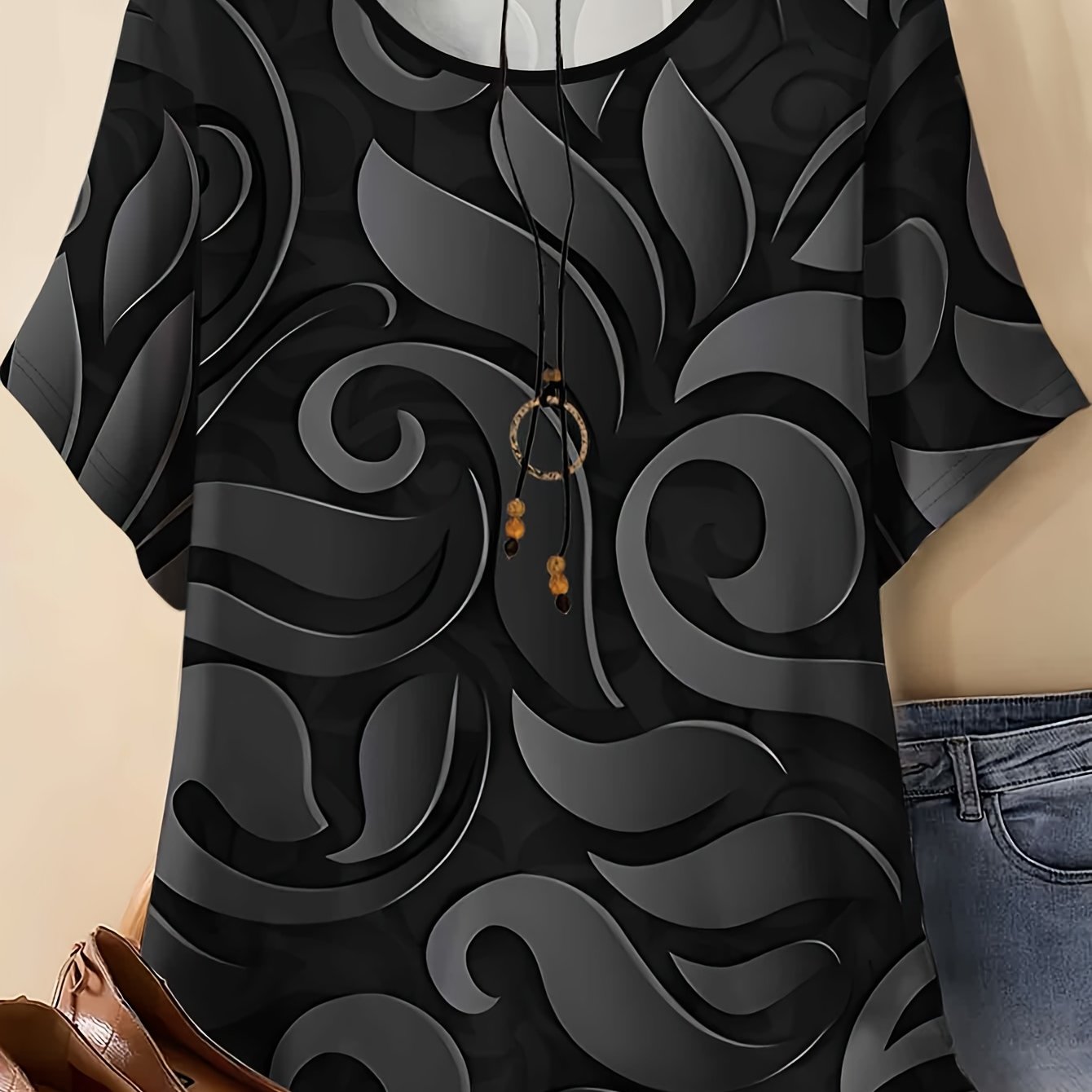 TEMU Women's Plus-size Stylish Black Printed Short-sleeve T-shirt, Loose-fitting Top For Women, New Summer Collection 2026, Easy And Elegant To Pair